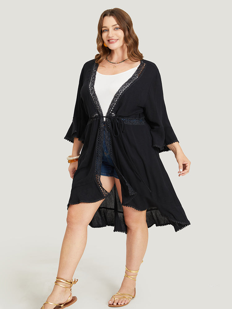 Plain Ruffle Sleeve Open Front Eyelet Lace Kimono