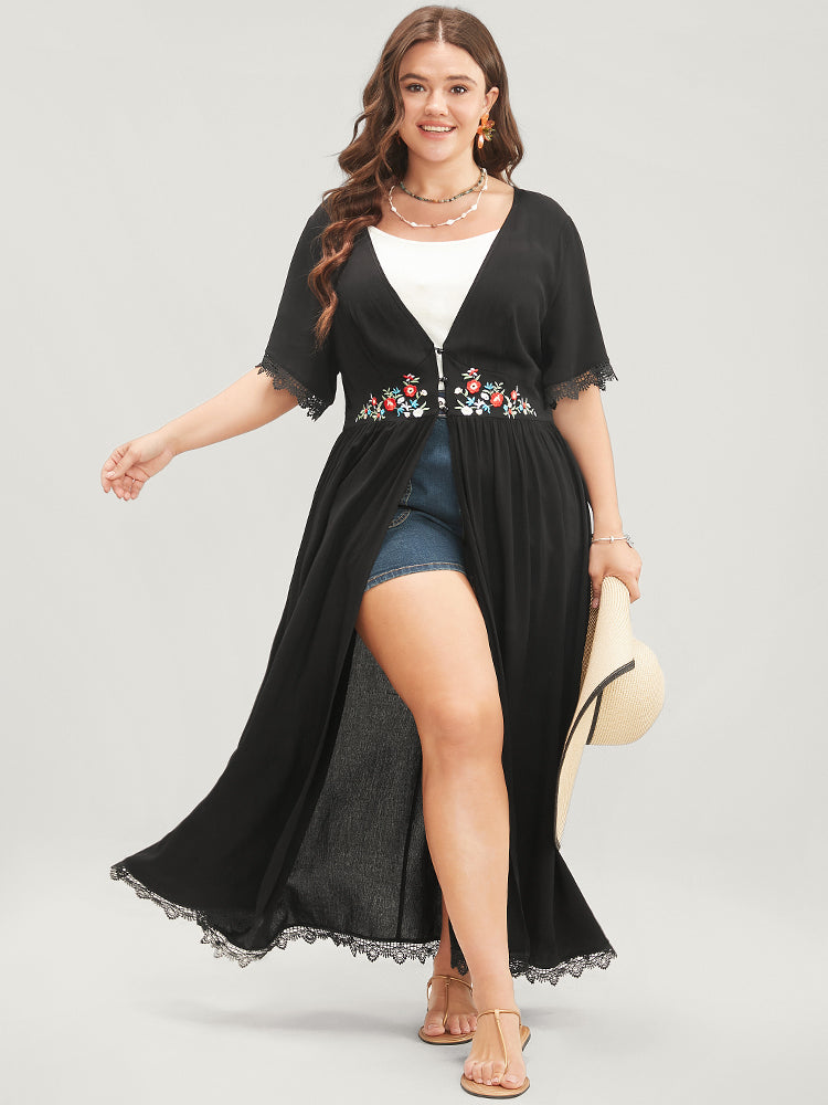 Floral Embroidered Lace Trim Button Front Kimono