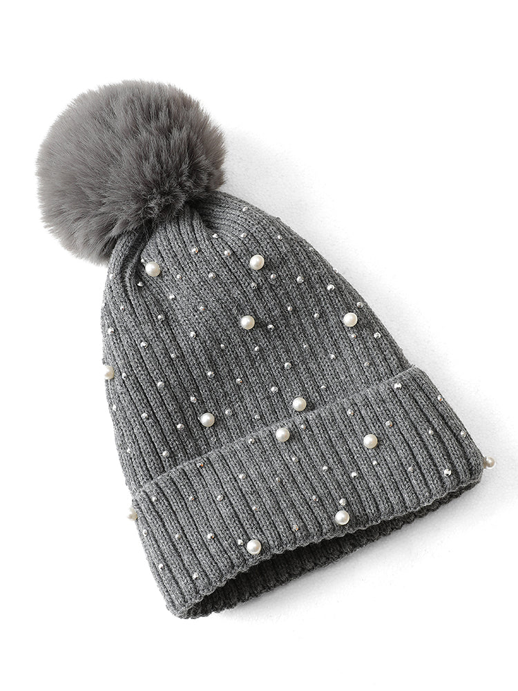 Fluffy Ball Pearl Beaded Warm Knitted Hat