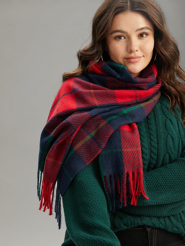 Christmas Plaid Contrast Fringe Trim Scarf