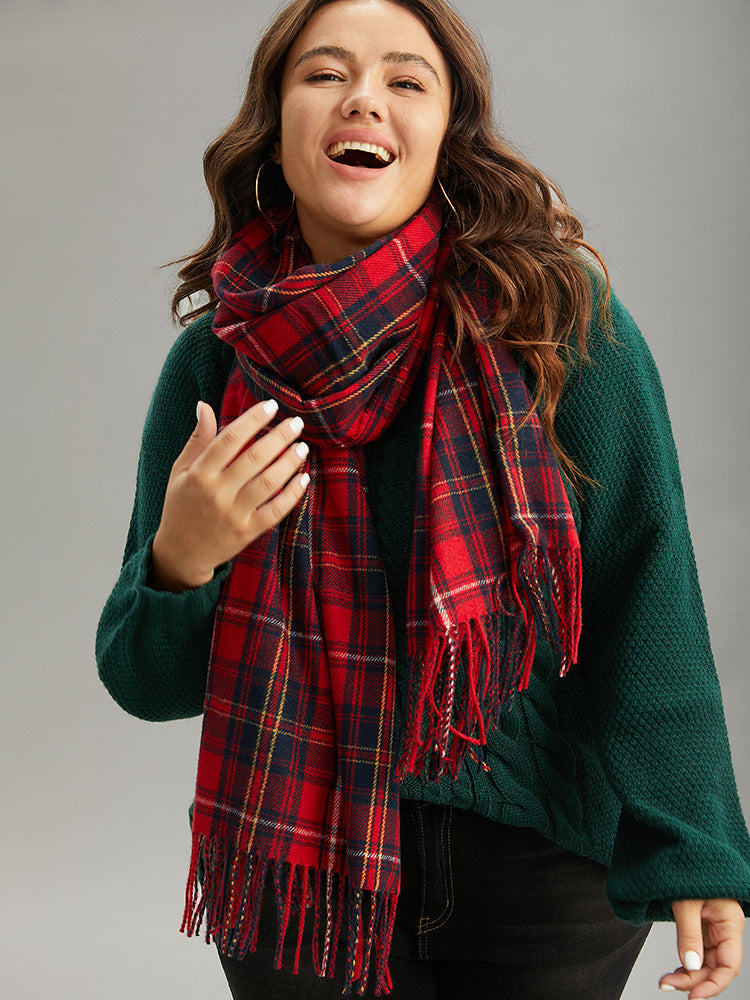 Letter Patched Plaid Print Fringe Trim Scarf