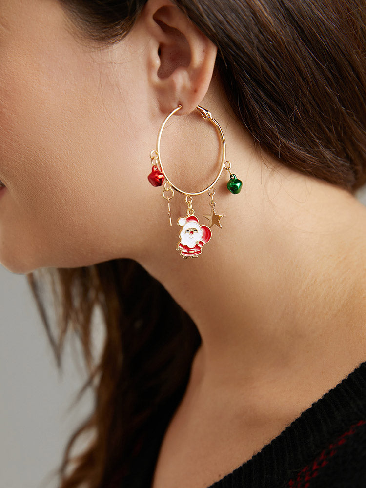 Santa Claus & Small Bell Detail Circular Hoop Earrings