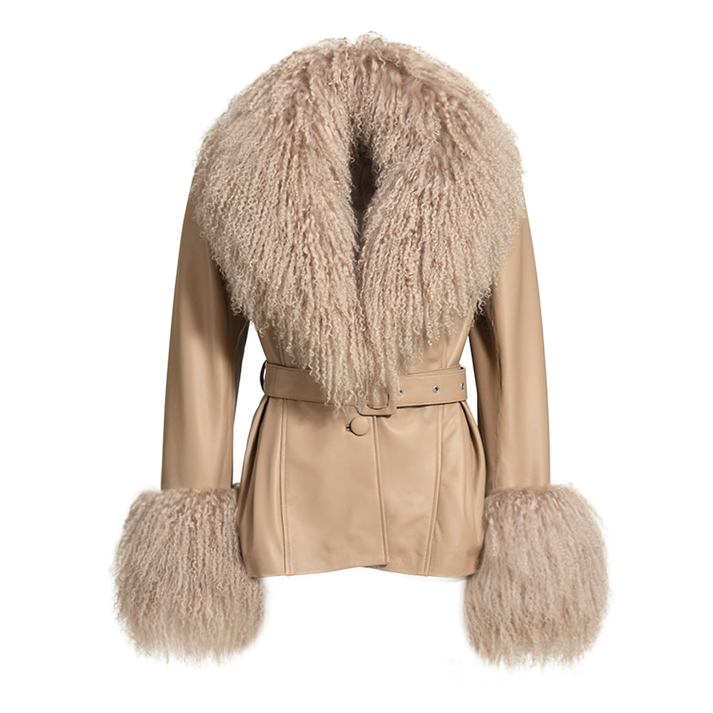 Wanan Touch-Giacca Pegghy Beige in Pelle di agnello-Donna -Marrone