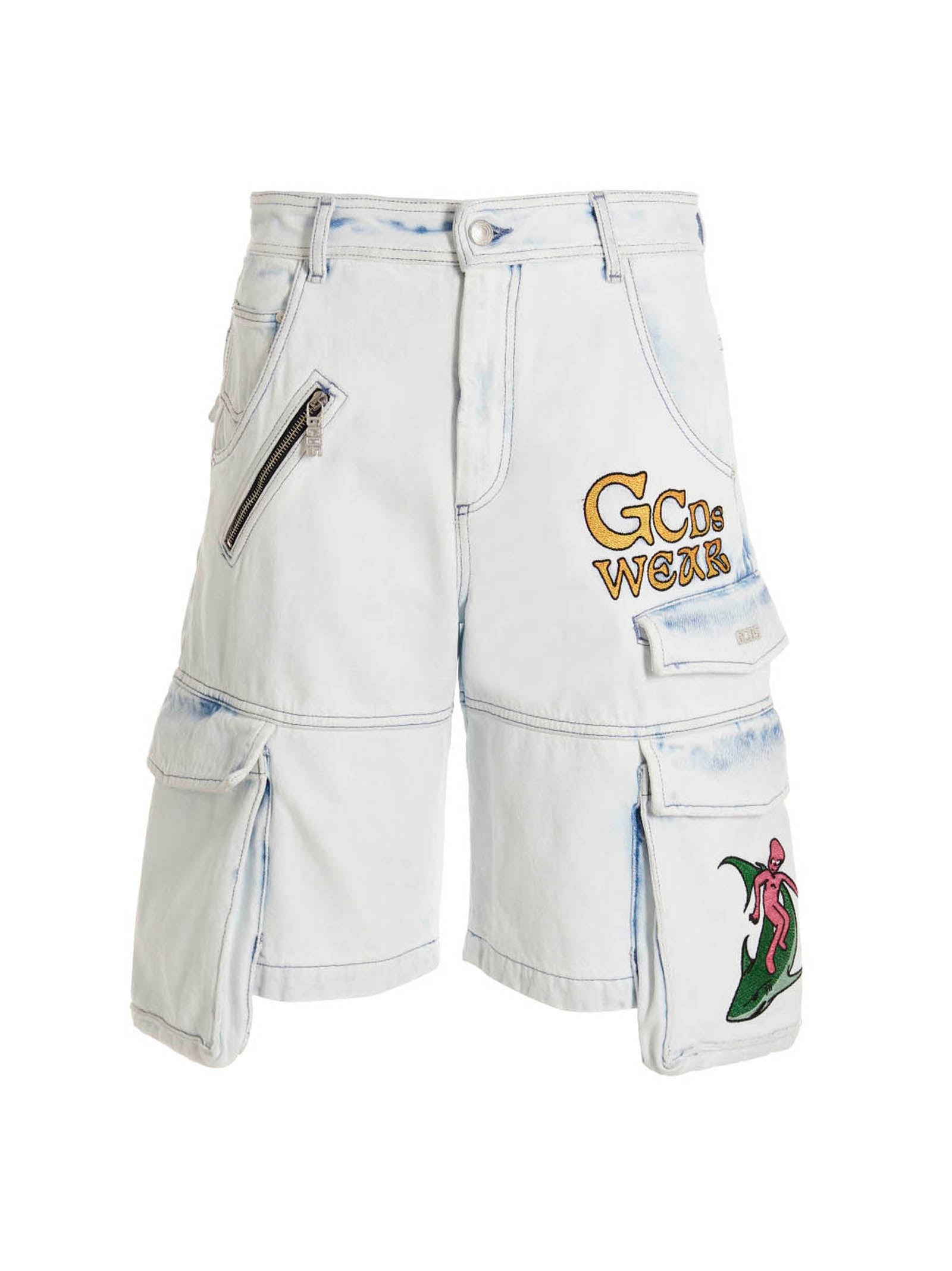 Gcds-'Bleached Embroidered Ultracargo' Bermuda, short Celeste-Uomo