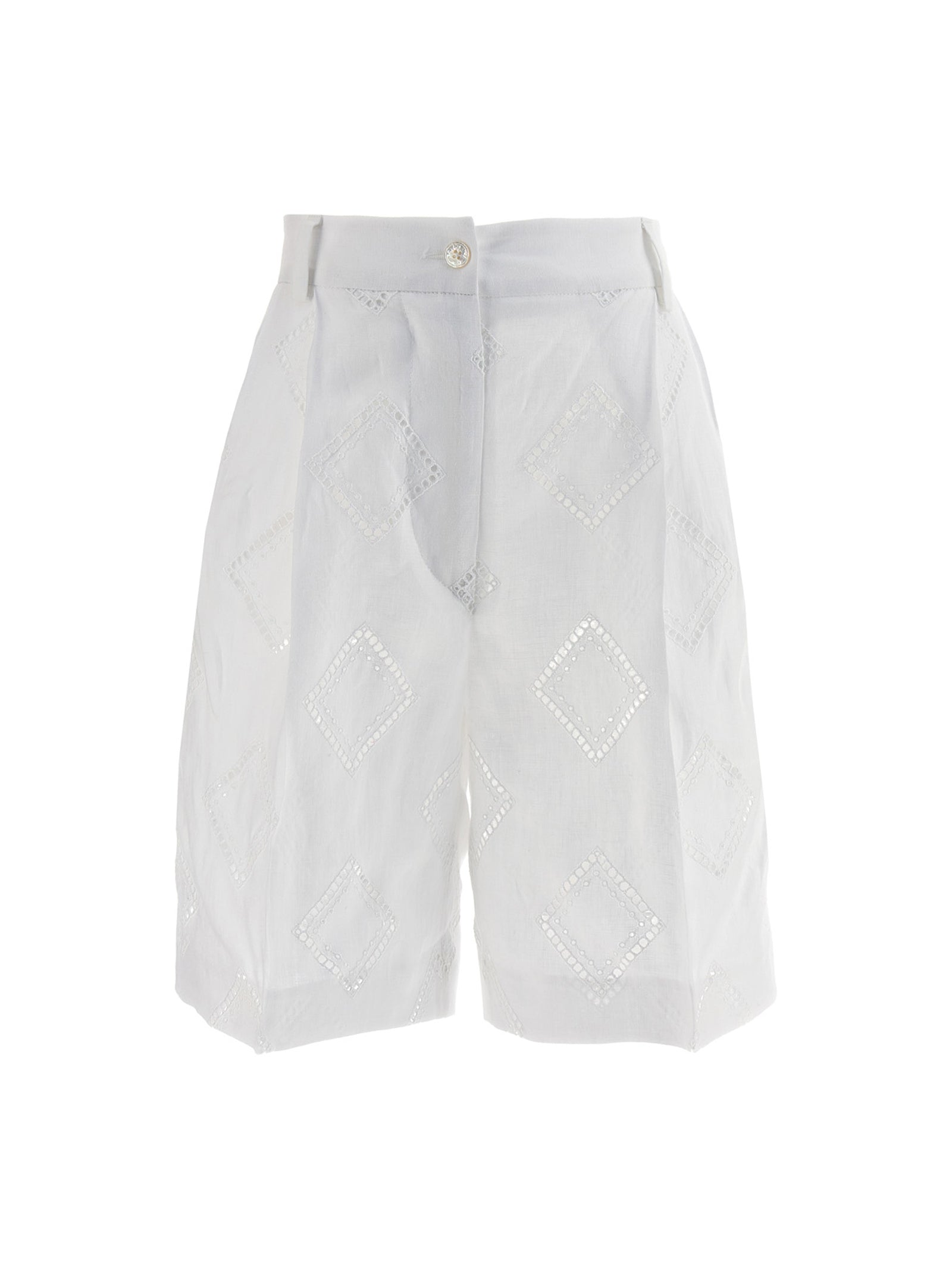 Kiton-Embroidered Linen Bermuda Shorts Bermuda, Short Bianco-Donna