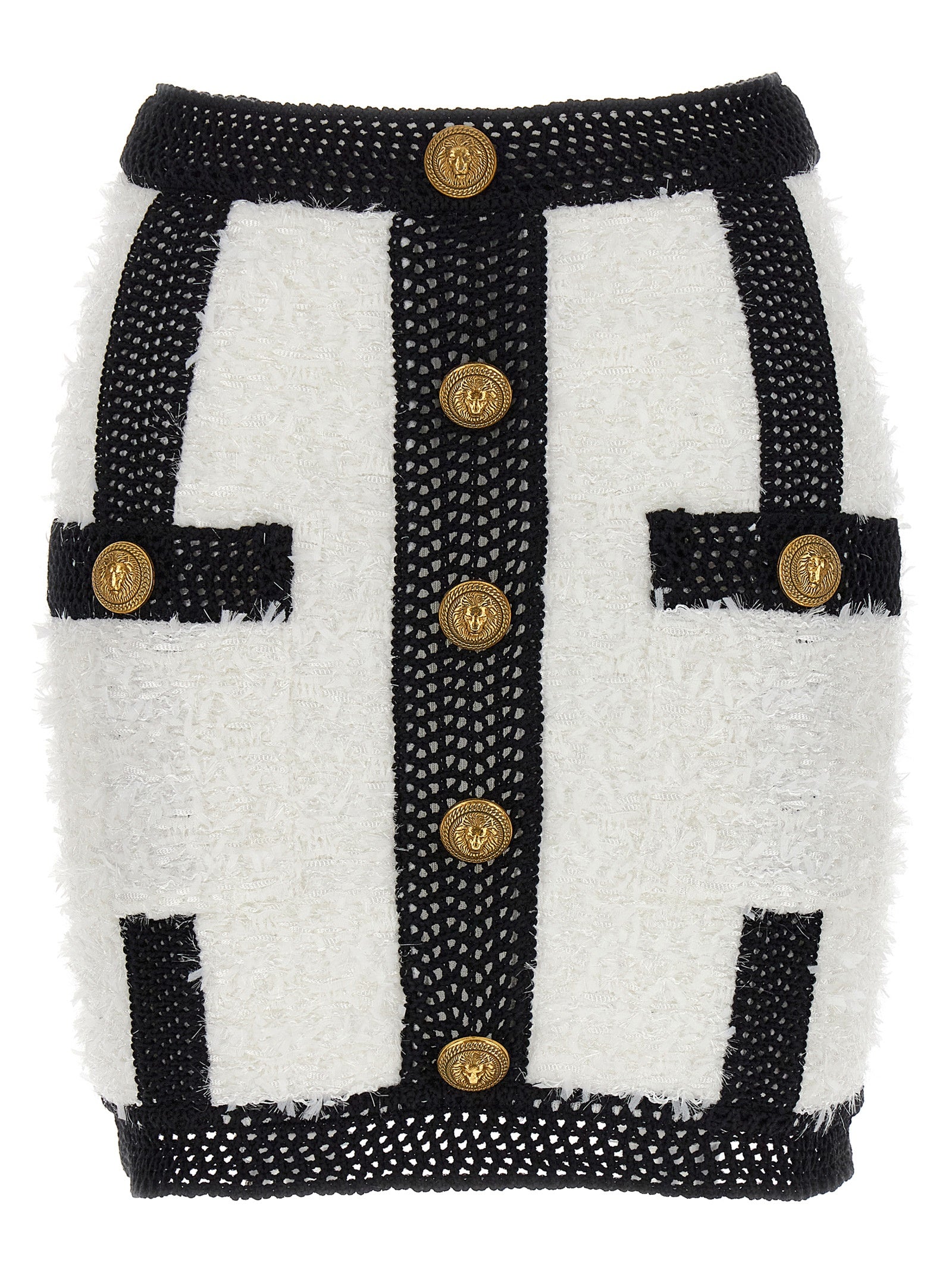 Balmain-Logo Button Tweed Skirt Gonne Bianco/Nero-Donna