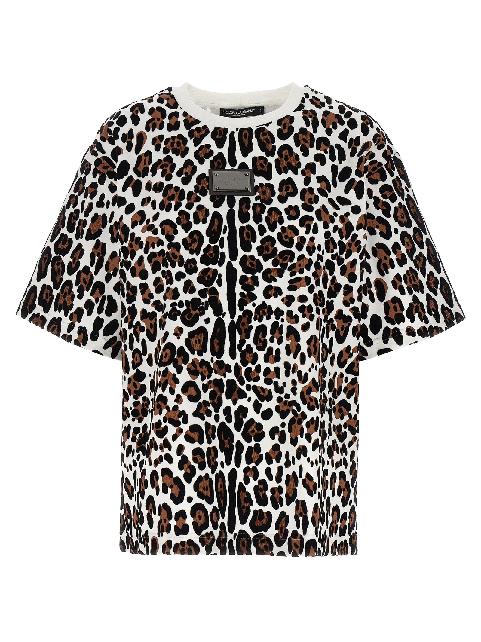 Dolce & Gabbana-Animal Print Logo Plaque T Shirt Multicolor-Donna