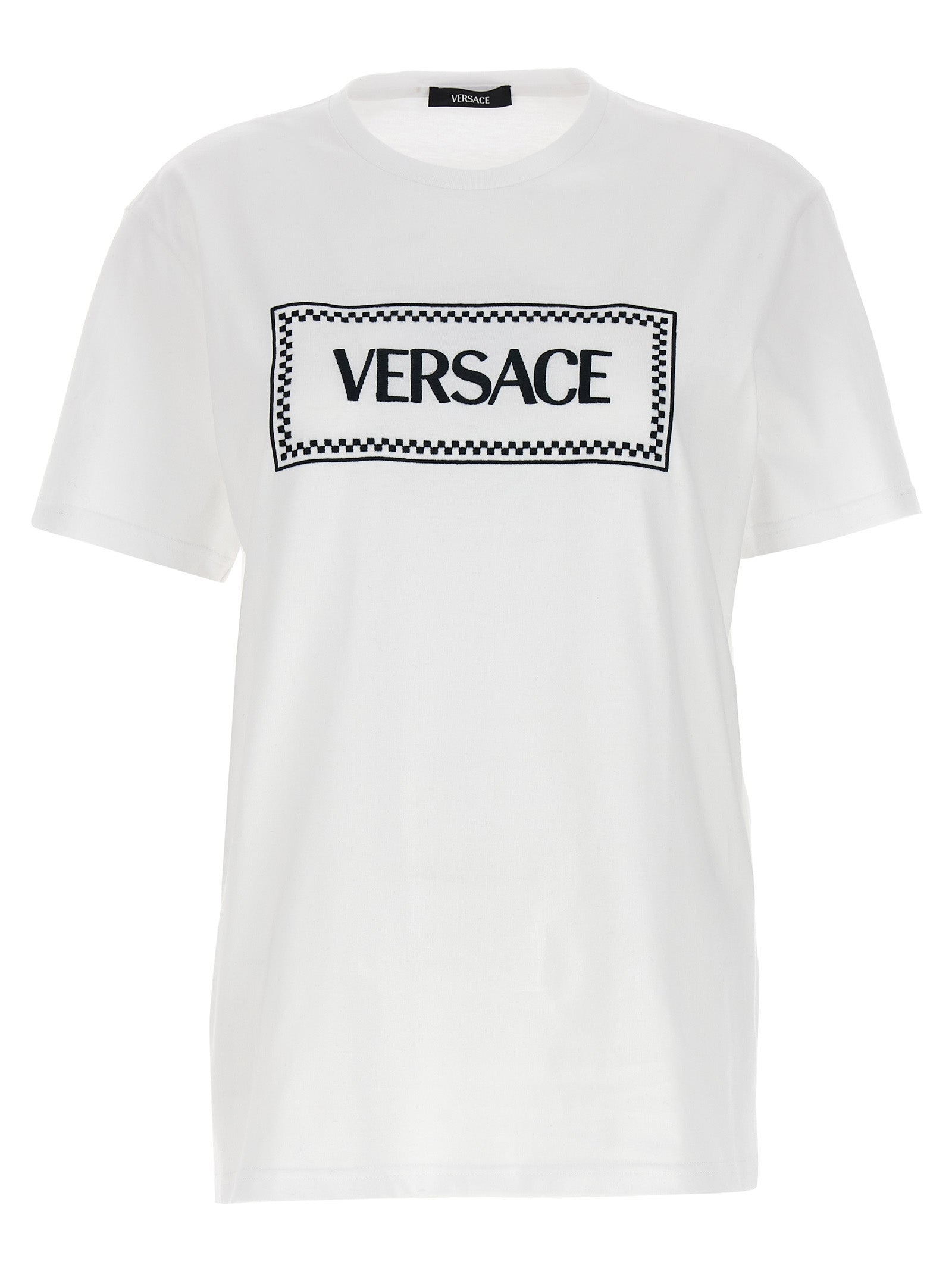 Versace-Logo Embroidery T Shirt Bianco/Nero-Donna