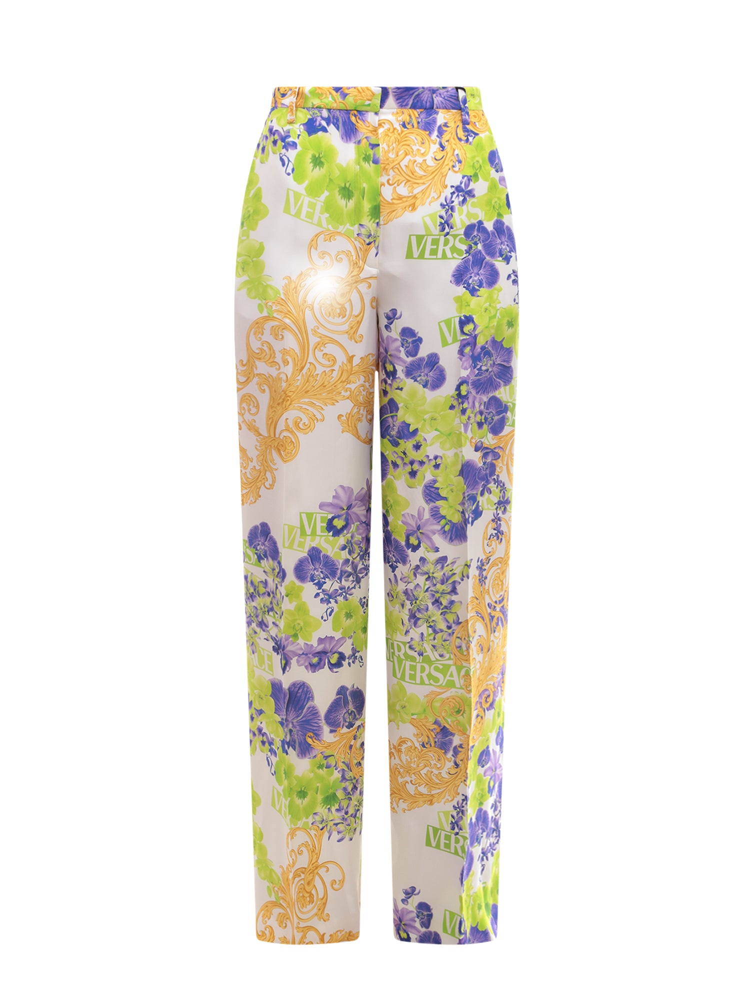 Versace-Pantalone in viscosa con stampa Versace Orchid-Donna