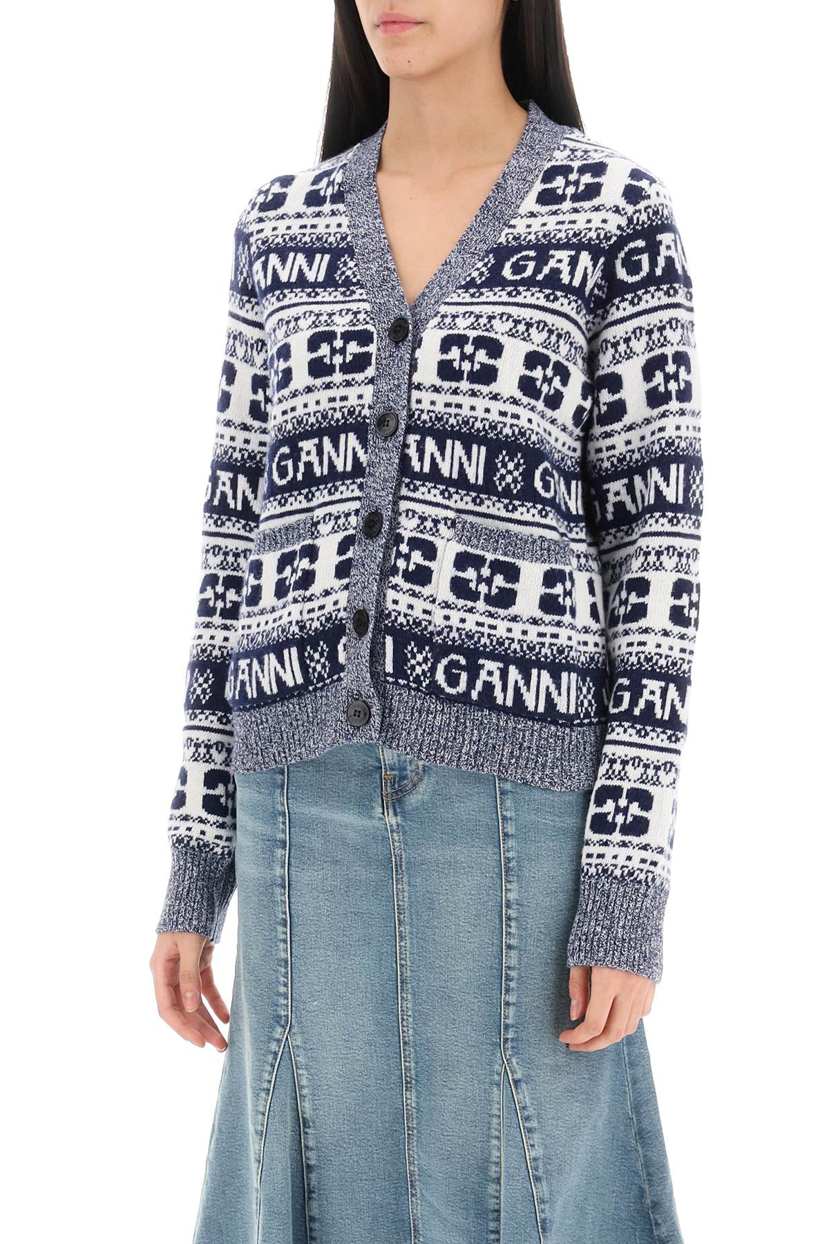 Ganni-Cardigan In Lana Jacquard Con Motivo Logo-Donna