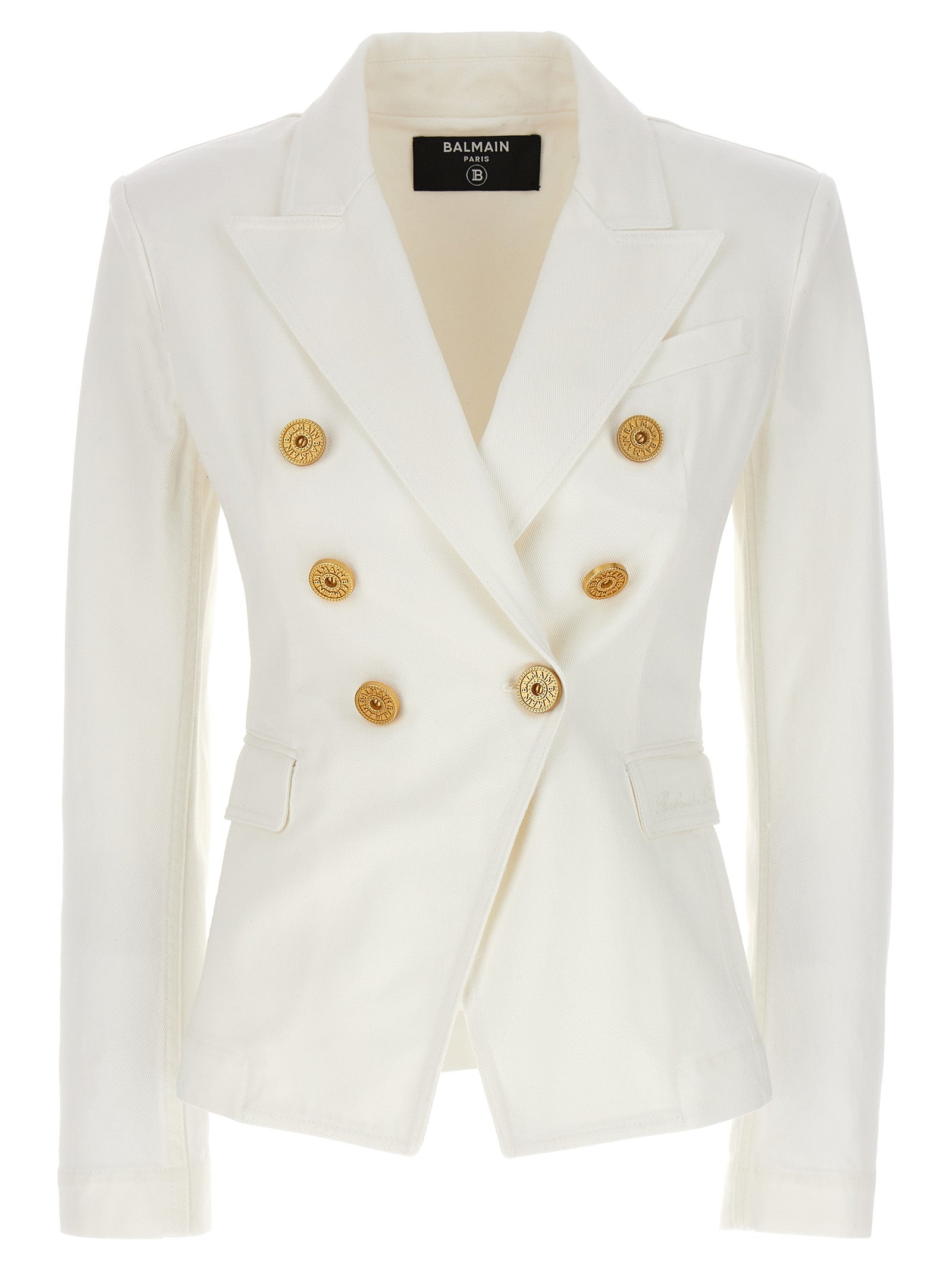 Balmain-Double-Breasted Denim Blazer Blazer And Suits Bianco-Donna