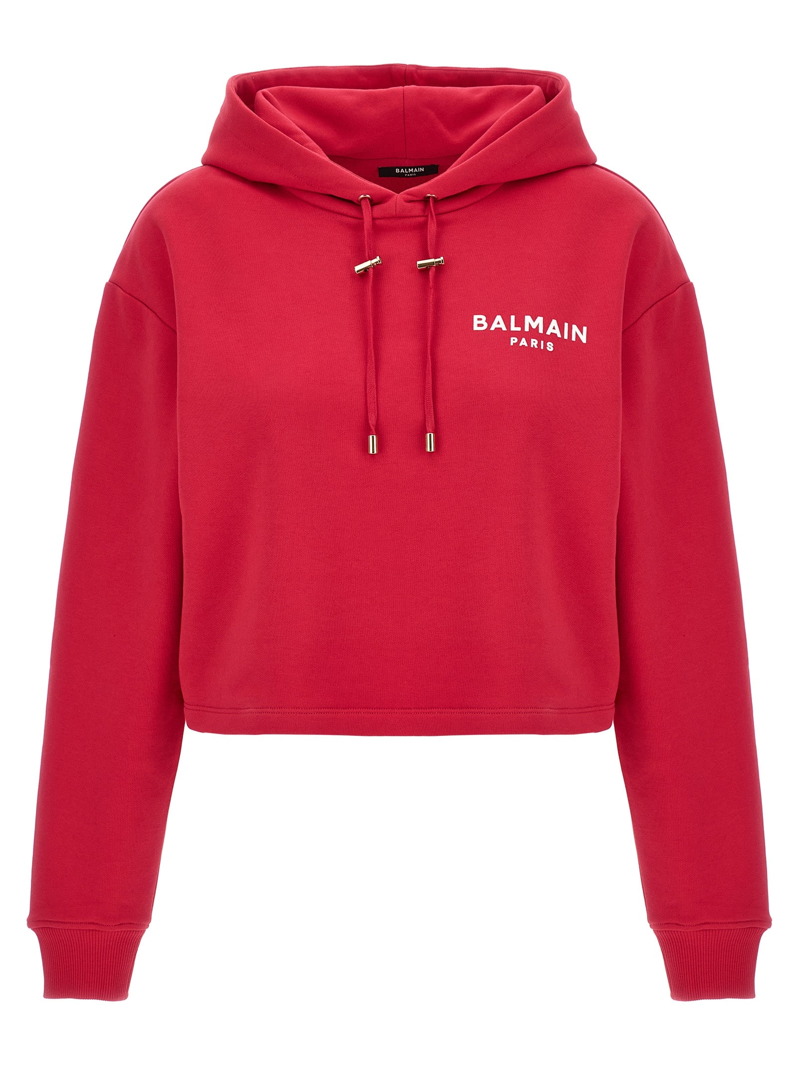 Balmain-Flocked Logo Cropped Hoodie Felpe Fucsia-Donna