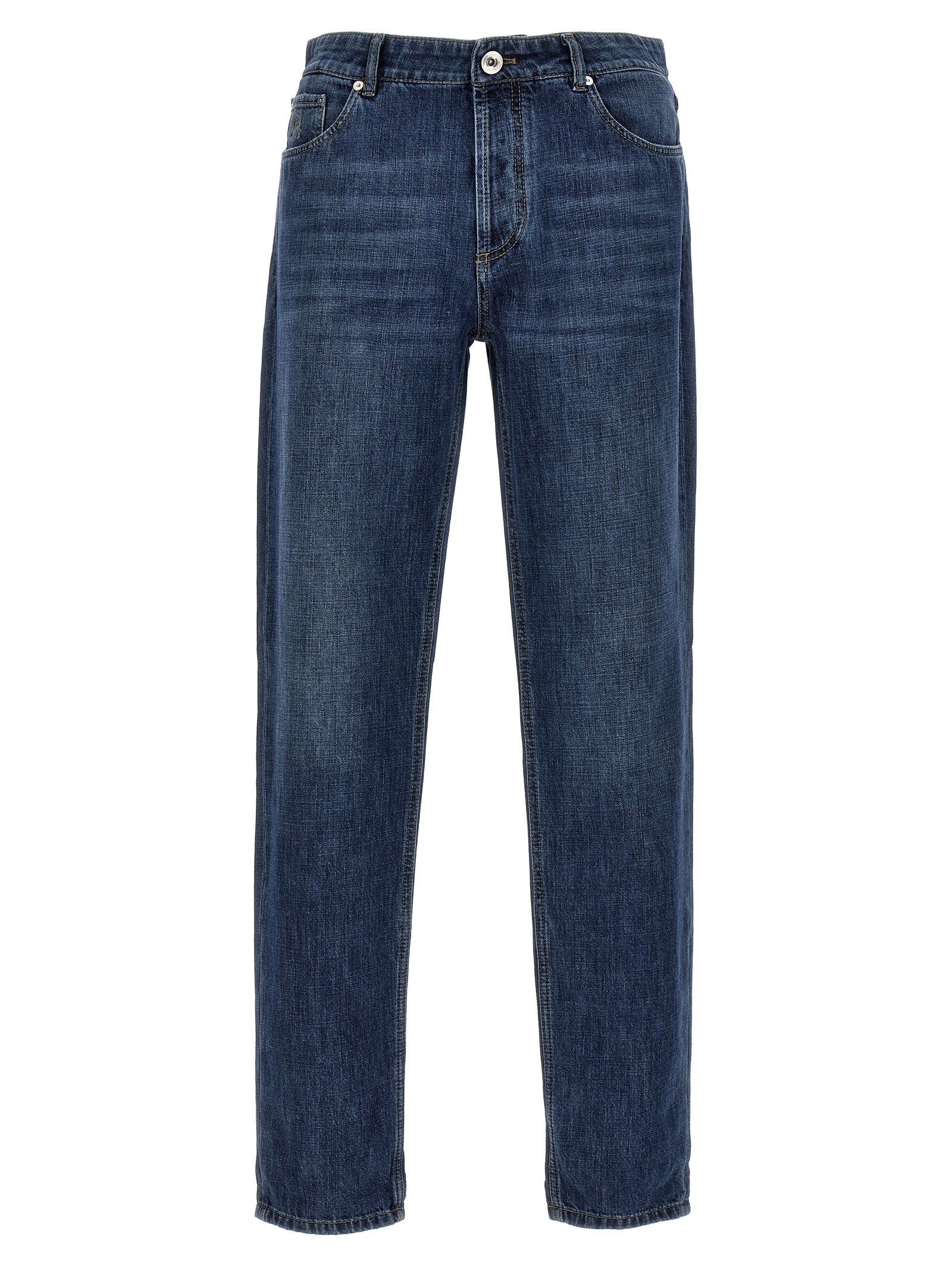 Brunello Cucinelli-Logo Embroidery Jeans Blu-Uomo