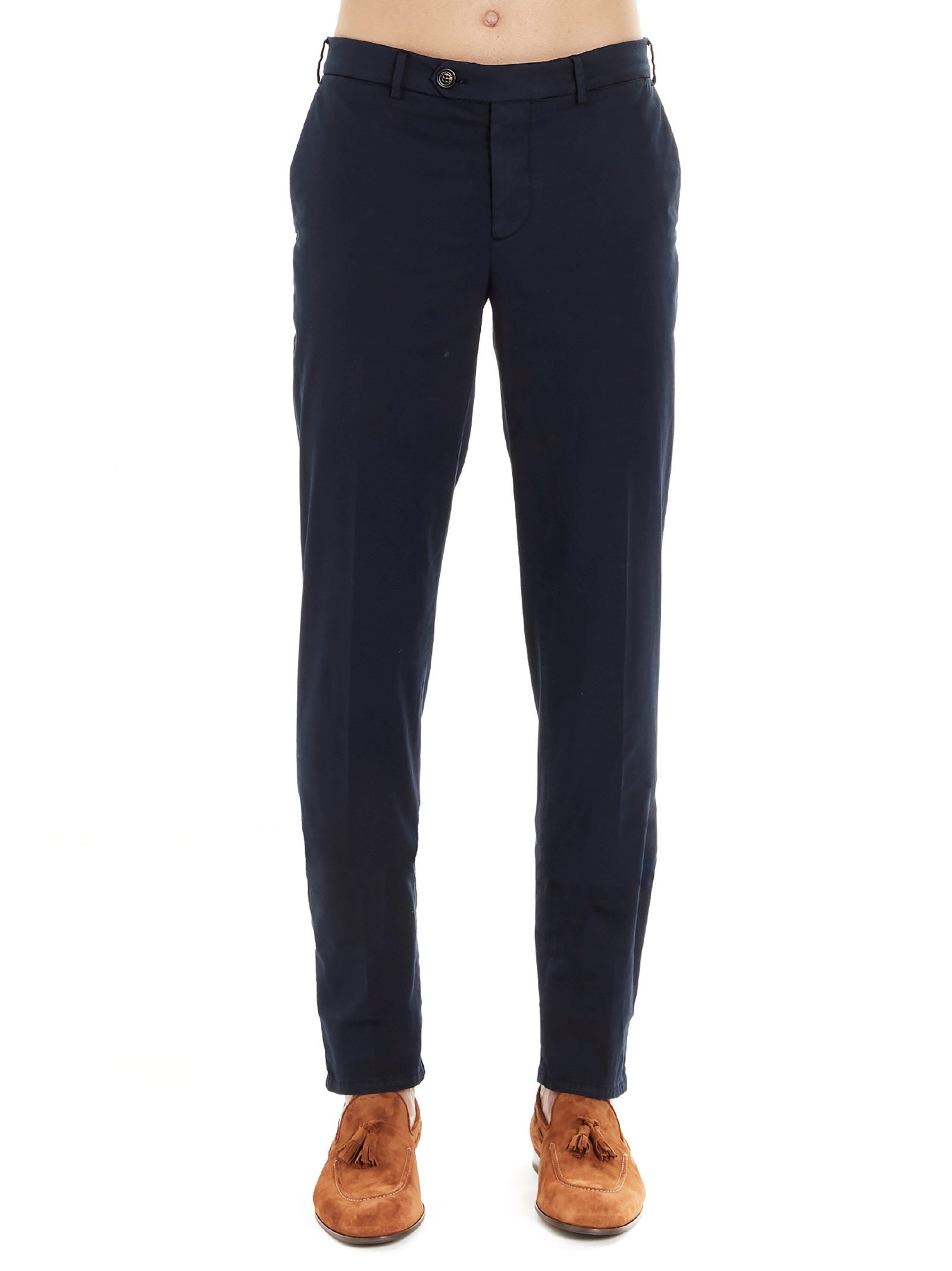 Brunello Cucinelli-Flat Front Pantaloni Blu-Uomo