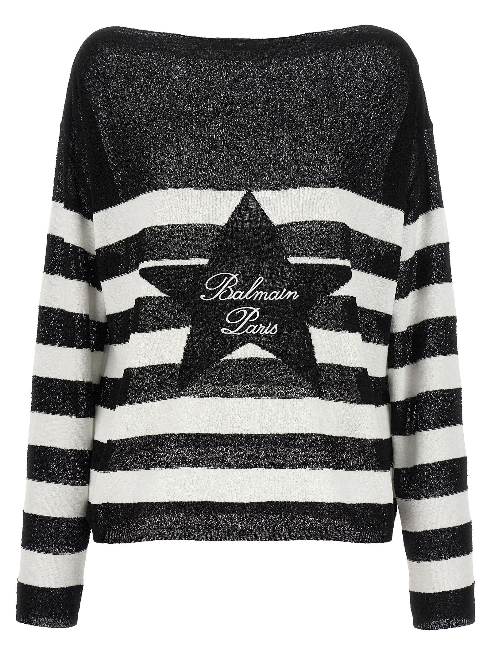 Balmain-Logo Embroidery Striped Sweater Maglioni Bianco/Nero-Donna