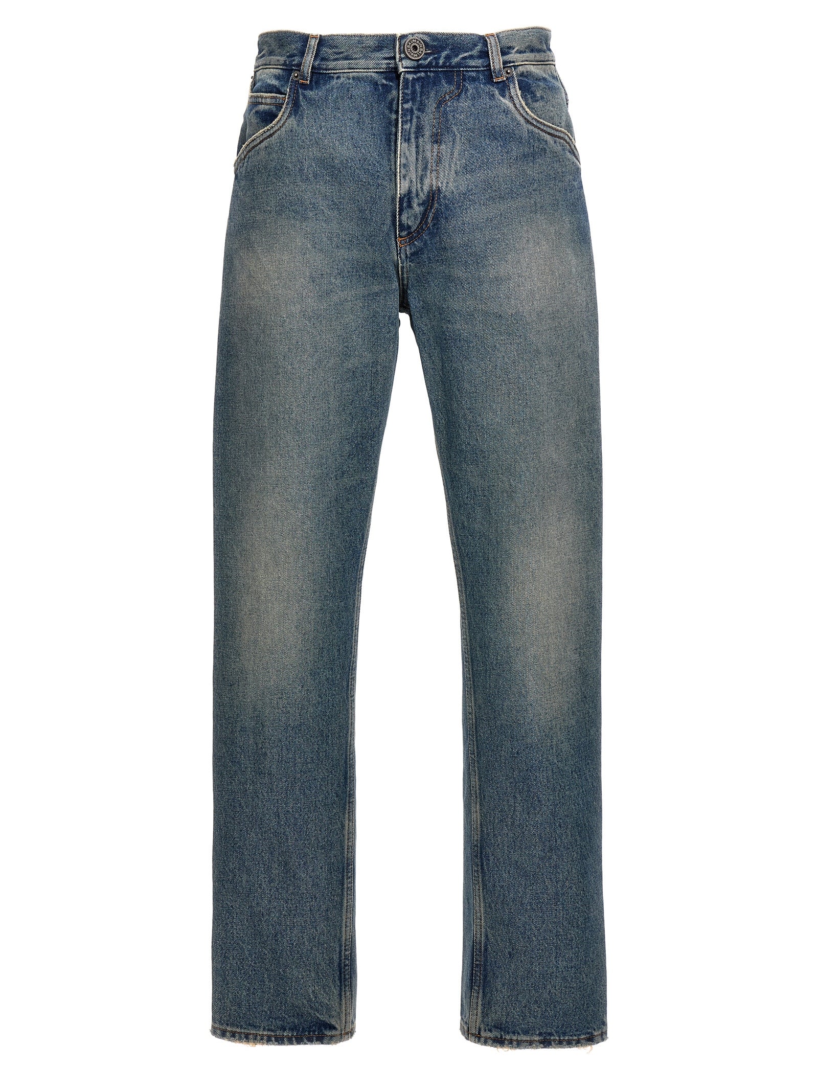 Balmain-Logo Embroidery Denim Jeans Celeste-Uomo