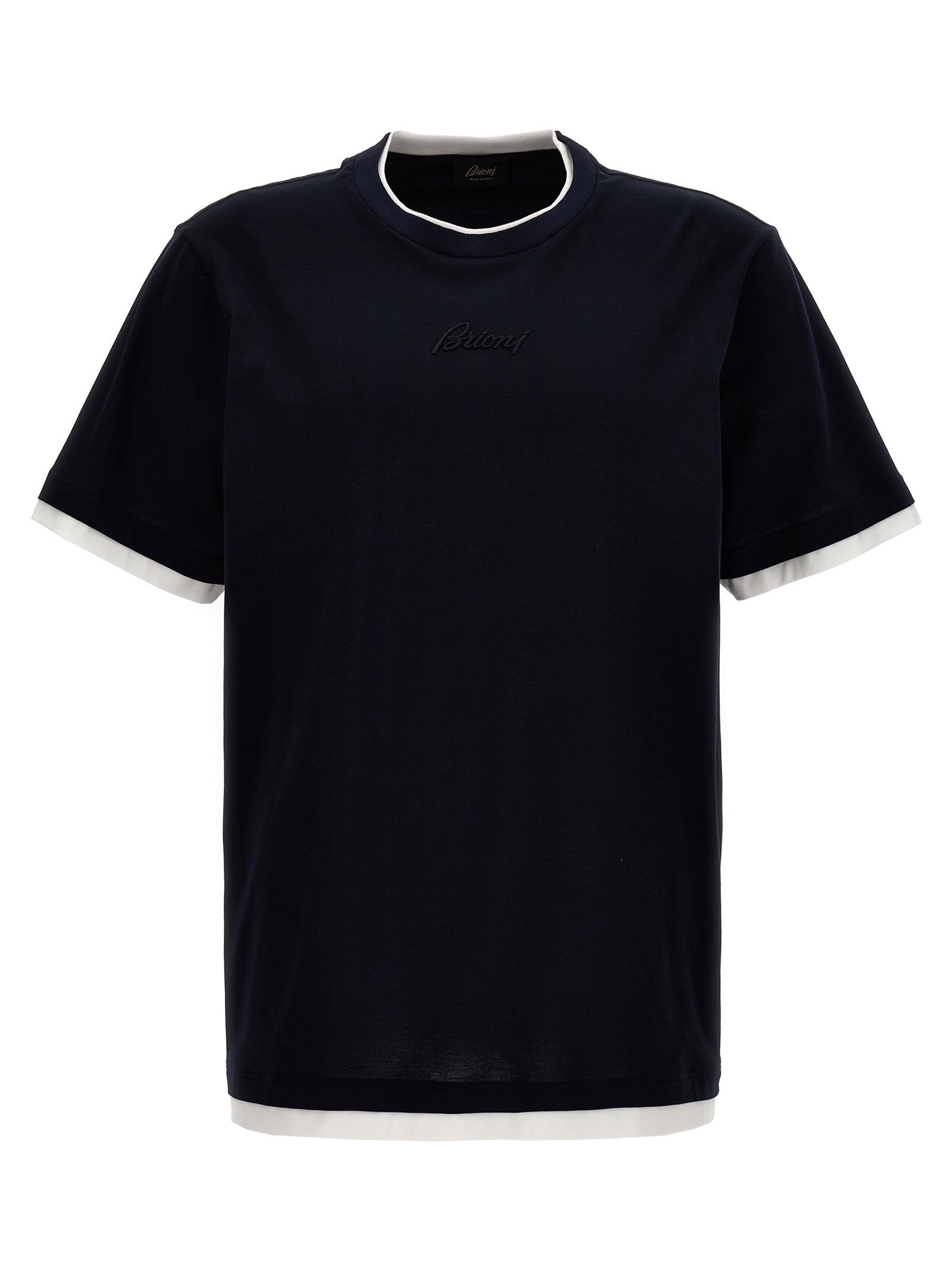 Brioni-Logo Embroidery T Shirt Blu-Uomo