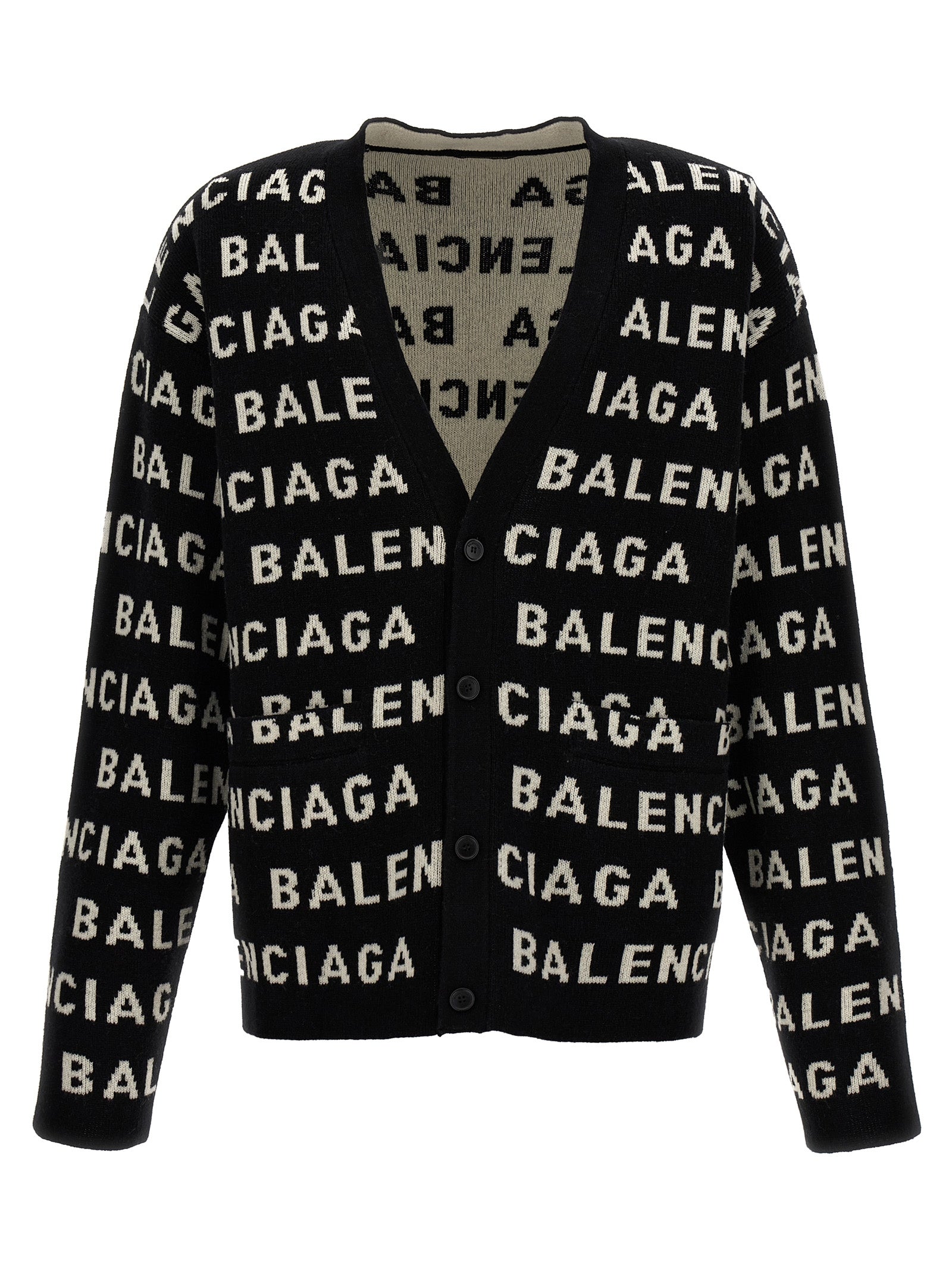 Balenciaga-All Over Logo Cardigan Maglioni Bianco/Nero-Uomo