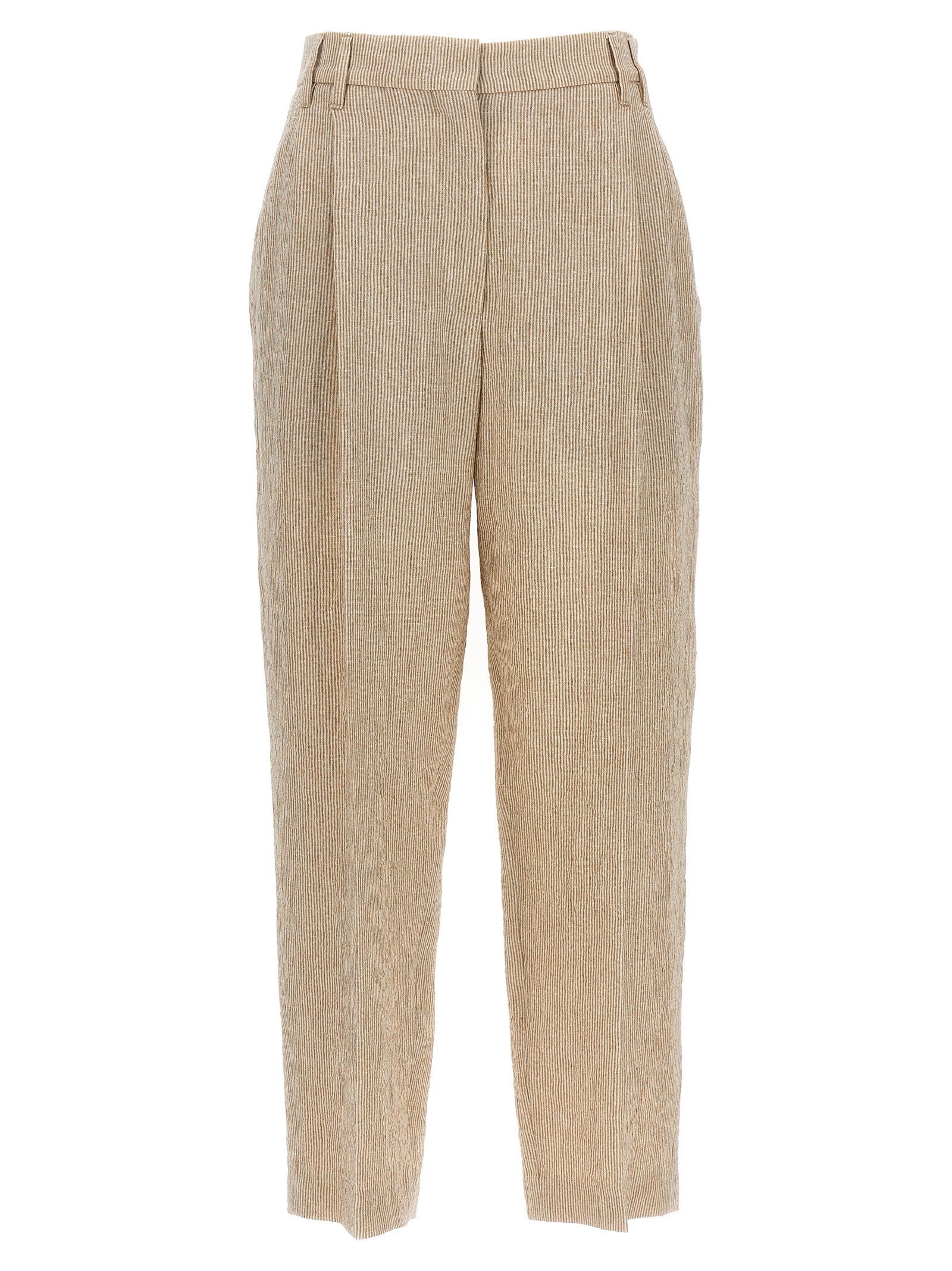 Brunello Cucinelli-Striped Pleated Pantaloni Beige-Donna