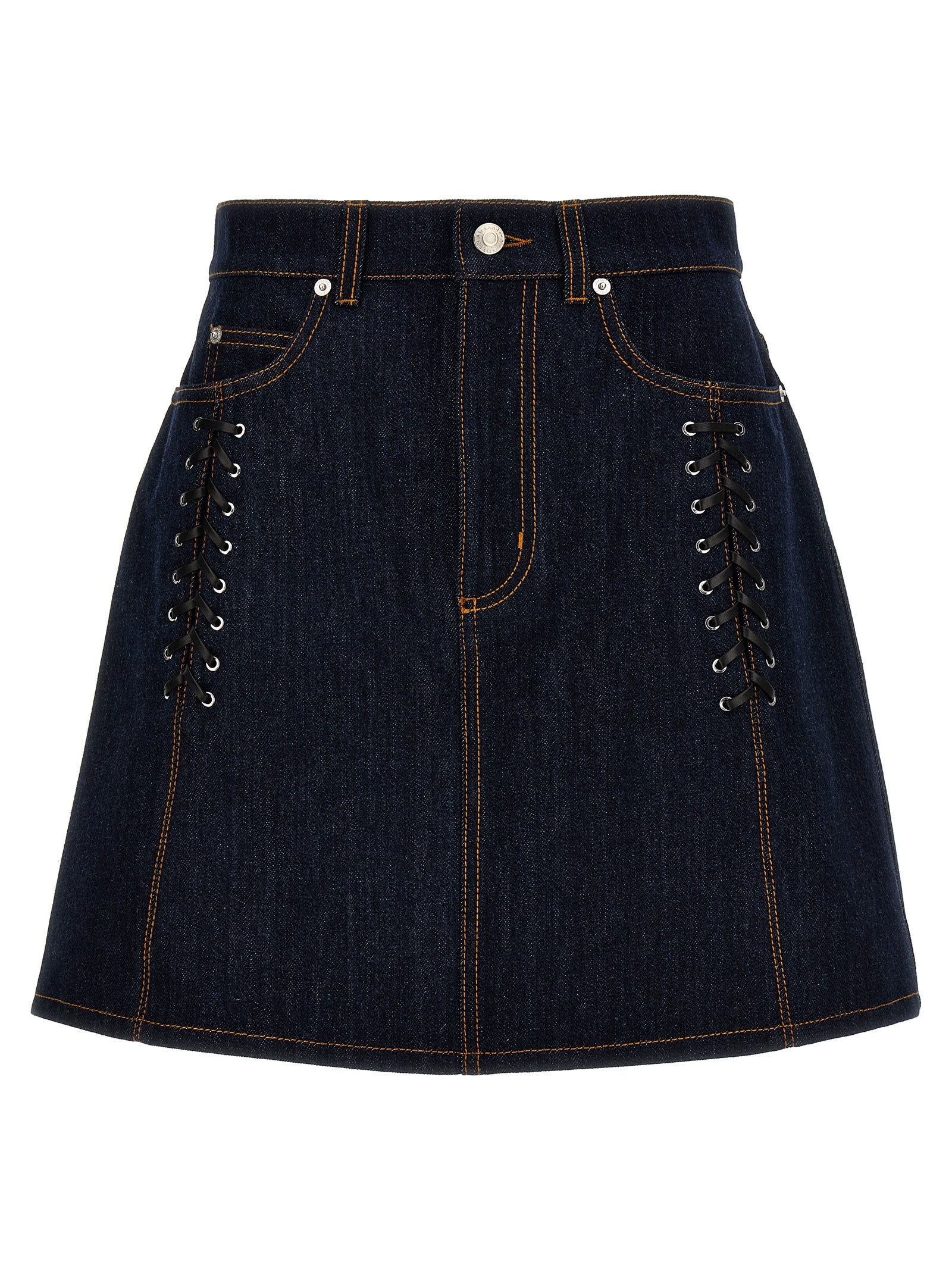 Alexander Mcqueen-Lace-Up Denim Skirt Gonne Blu-Donna