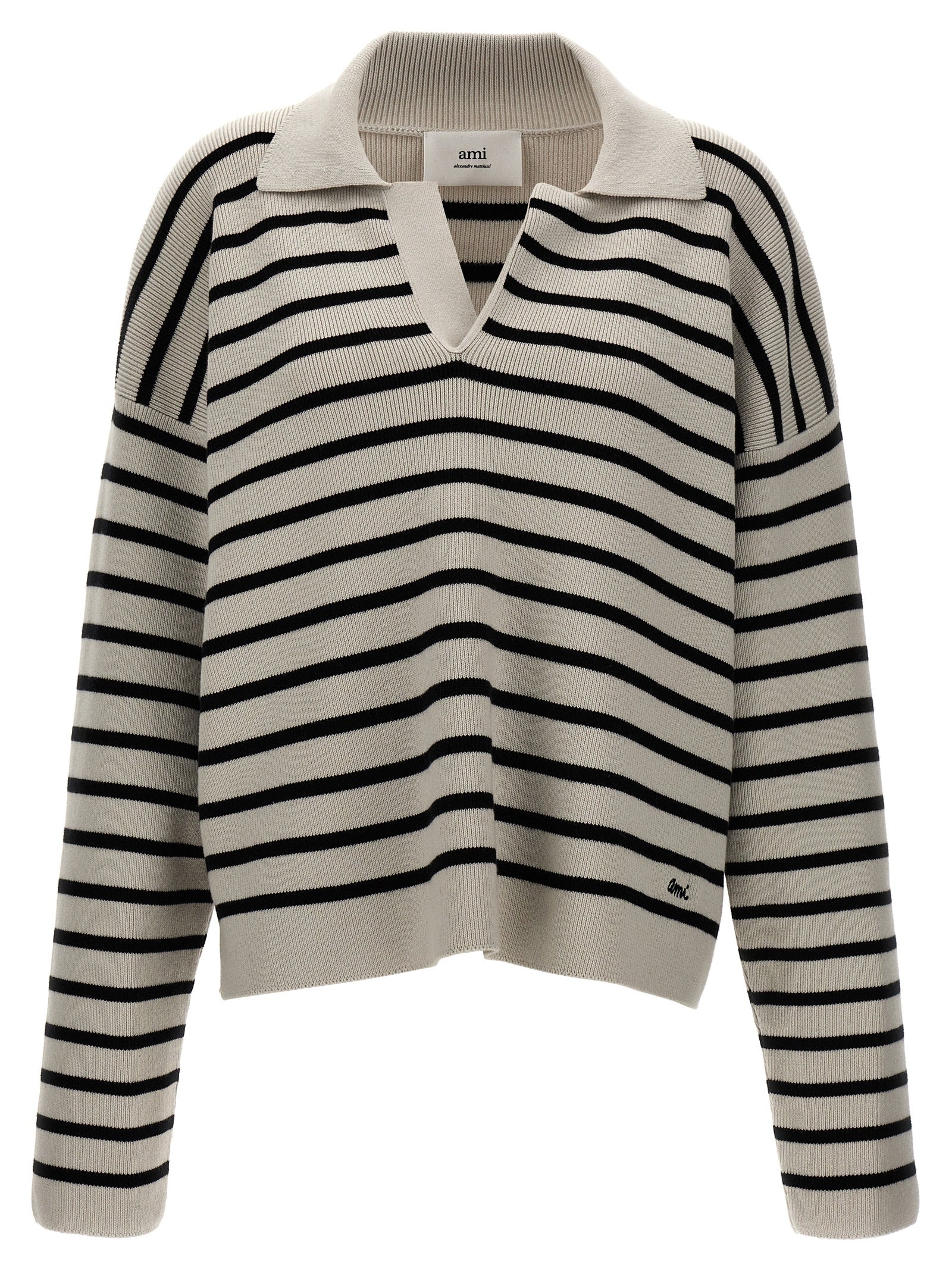 Ami Paris-Striped Polo Sweater Maglioni Bianco/Nero-Donna