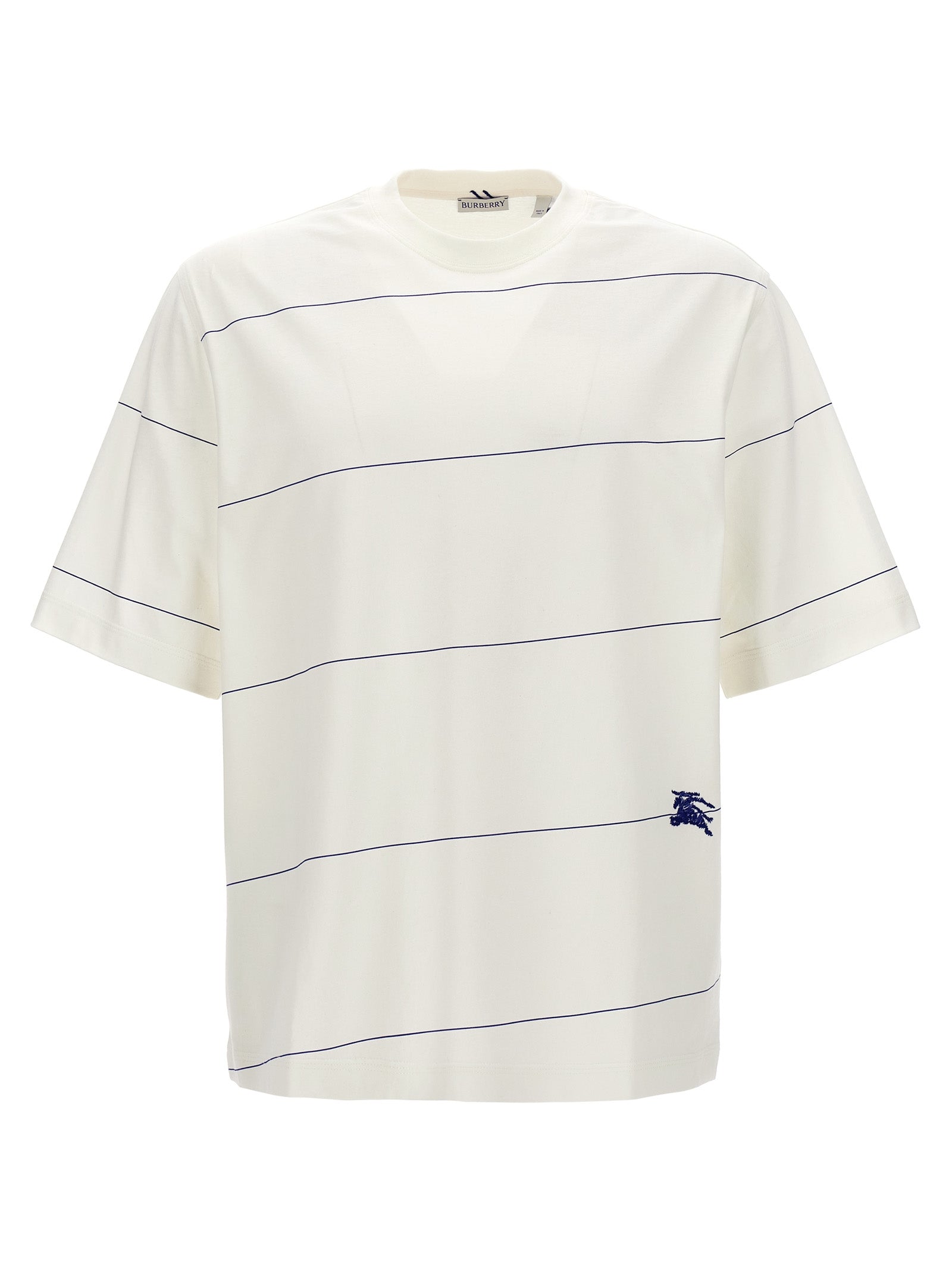 Burberry-Logo Embroidery Striped T Shirt Bianco-Uomo