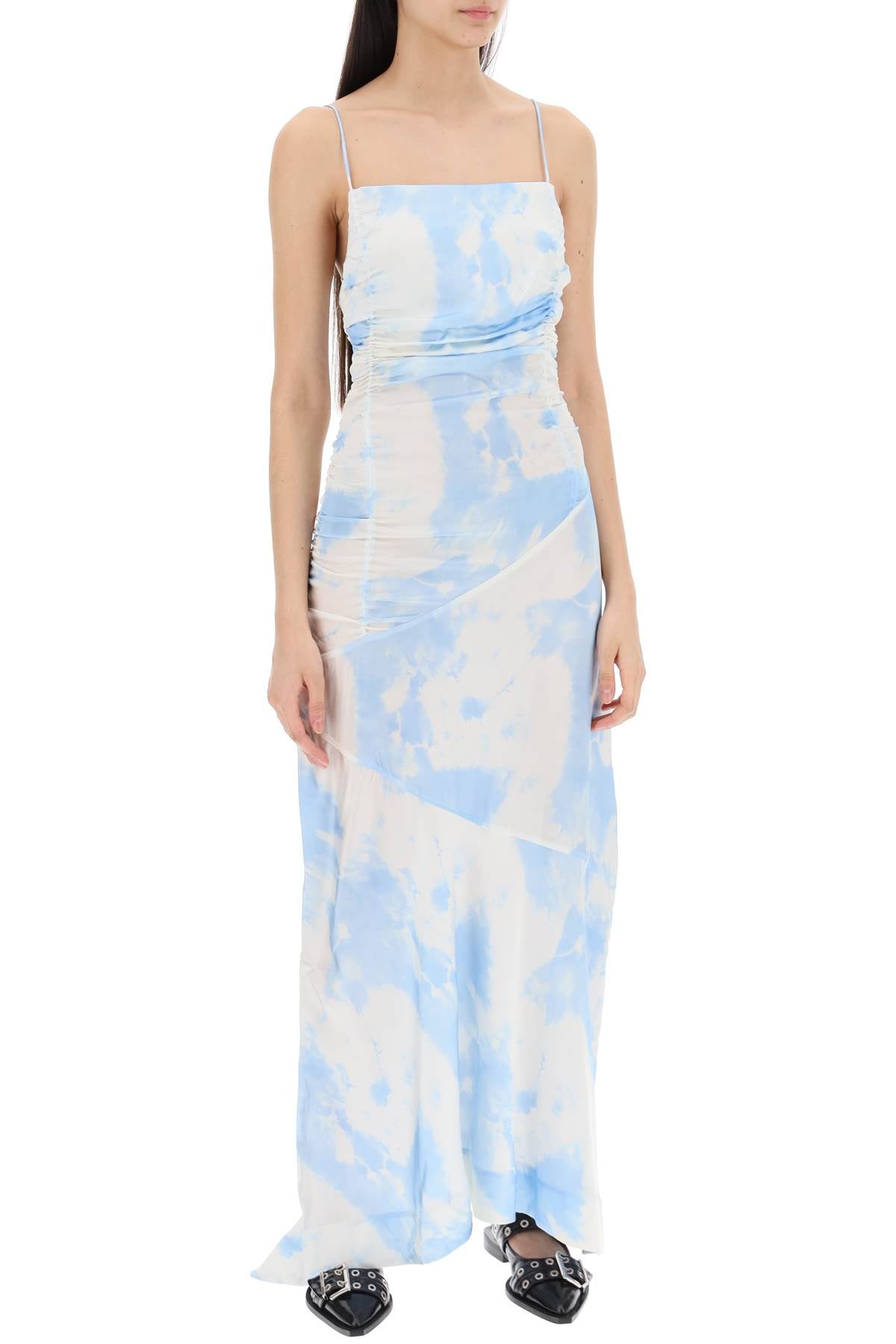 Ganni-Maxi Abito In Raso Stampato Tie Dye Con Ruches-Donna