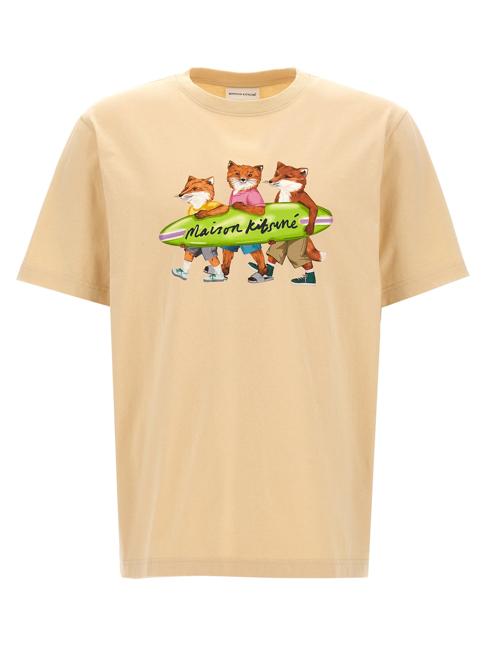 Maison Kitsune-Surfing Foxes T Shirt Beige-Uomo