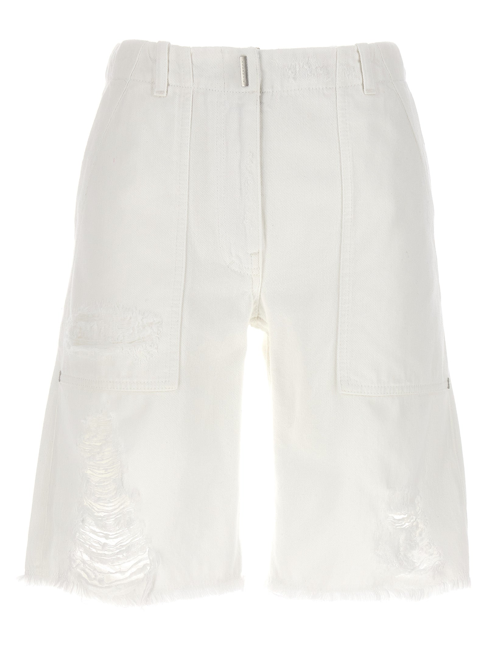 Givenchy-Destroyed Denim Bermuda Shorts Bermuda, Short Bianco-Donna