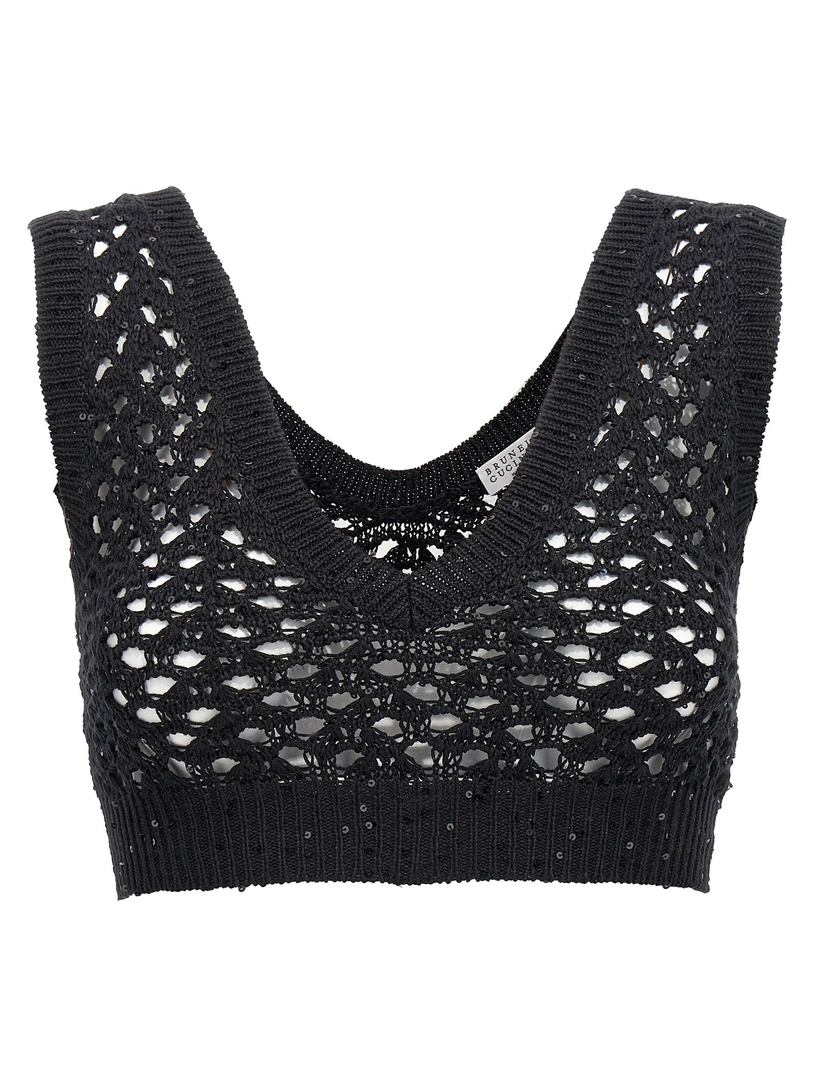 Brunello Cucinelli-Sequin Crop Top Top Nero-Donna