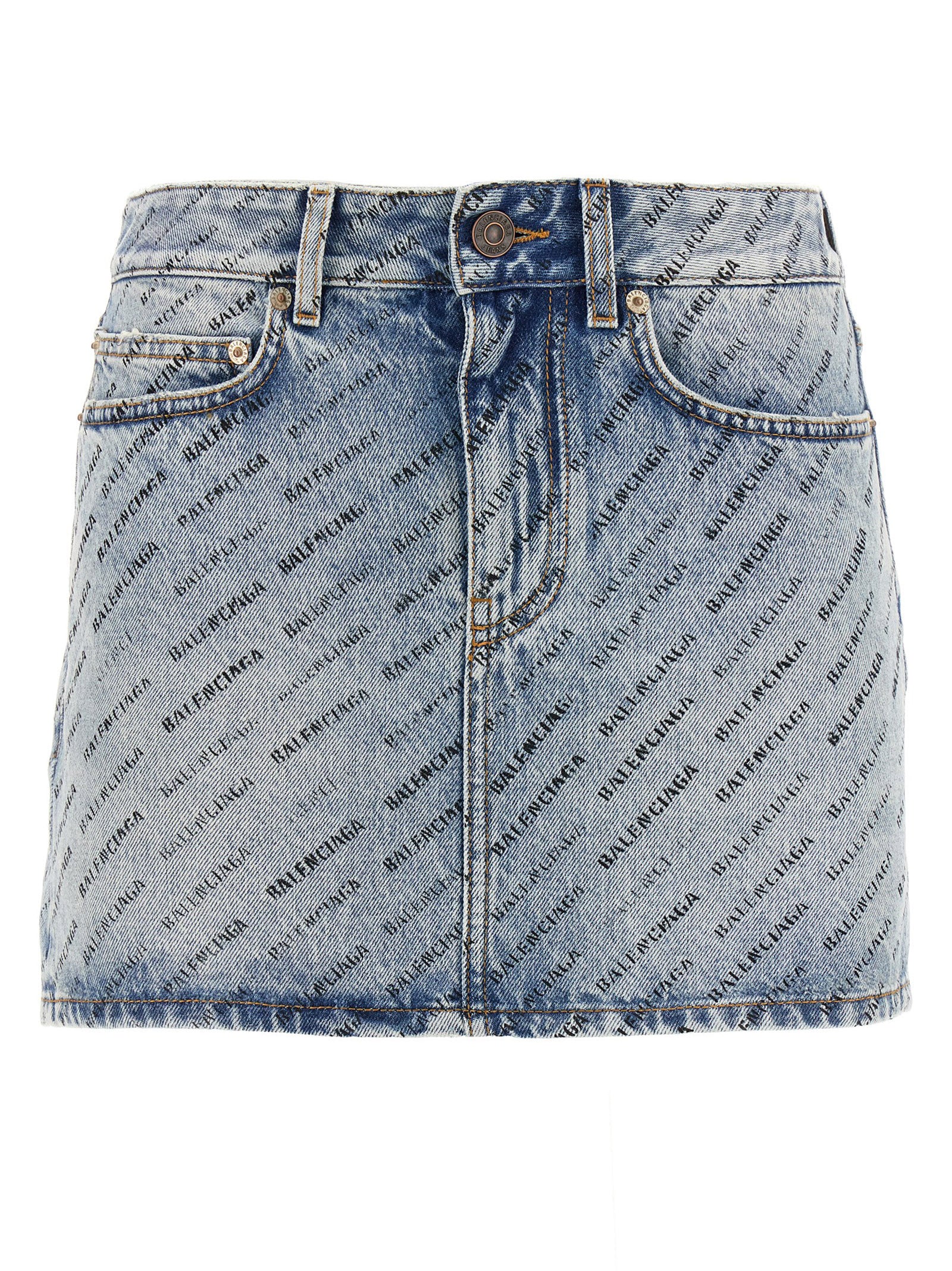 Balenciaga-Logo Denim Skirt Gonne Celeste-Donna