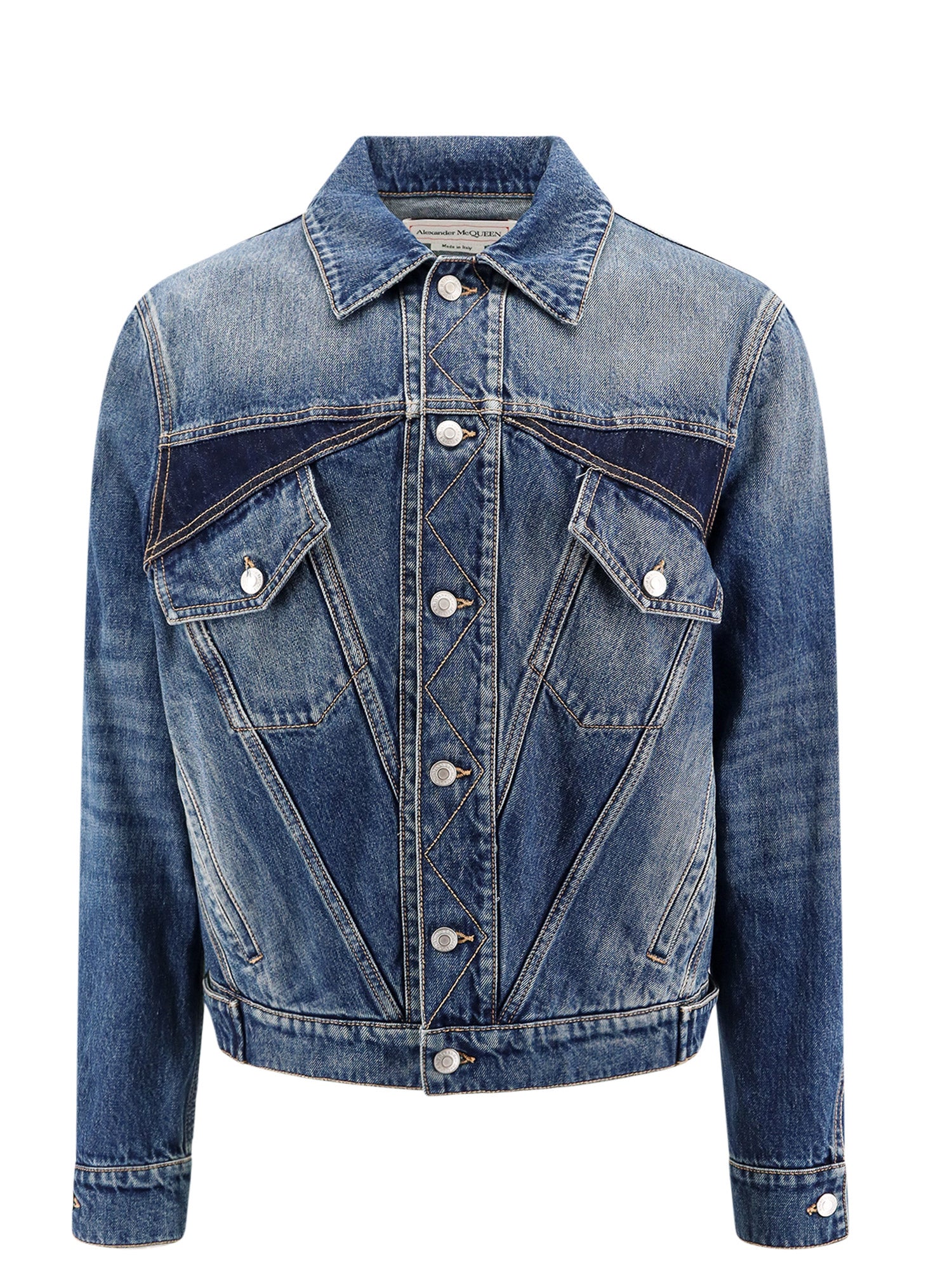 Alexander McQueen-Giubbino denim con impunture e inserti in contrasto-Uomo