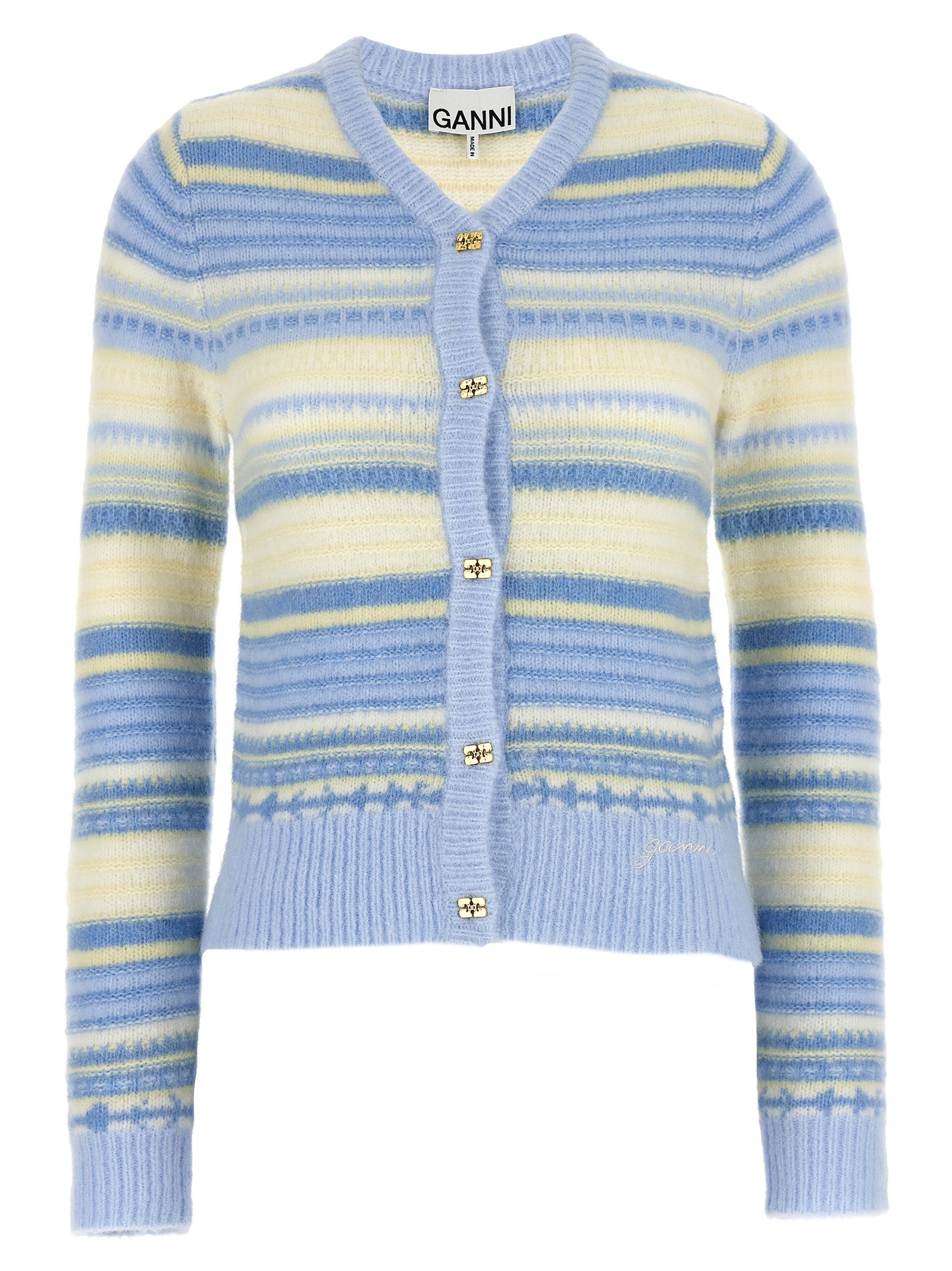 Ganni-Striped Cardigan Maglioni Celeste-Donna