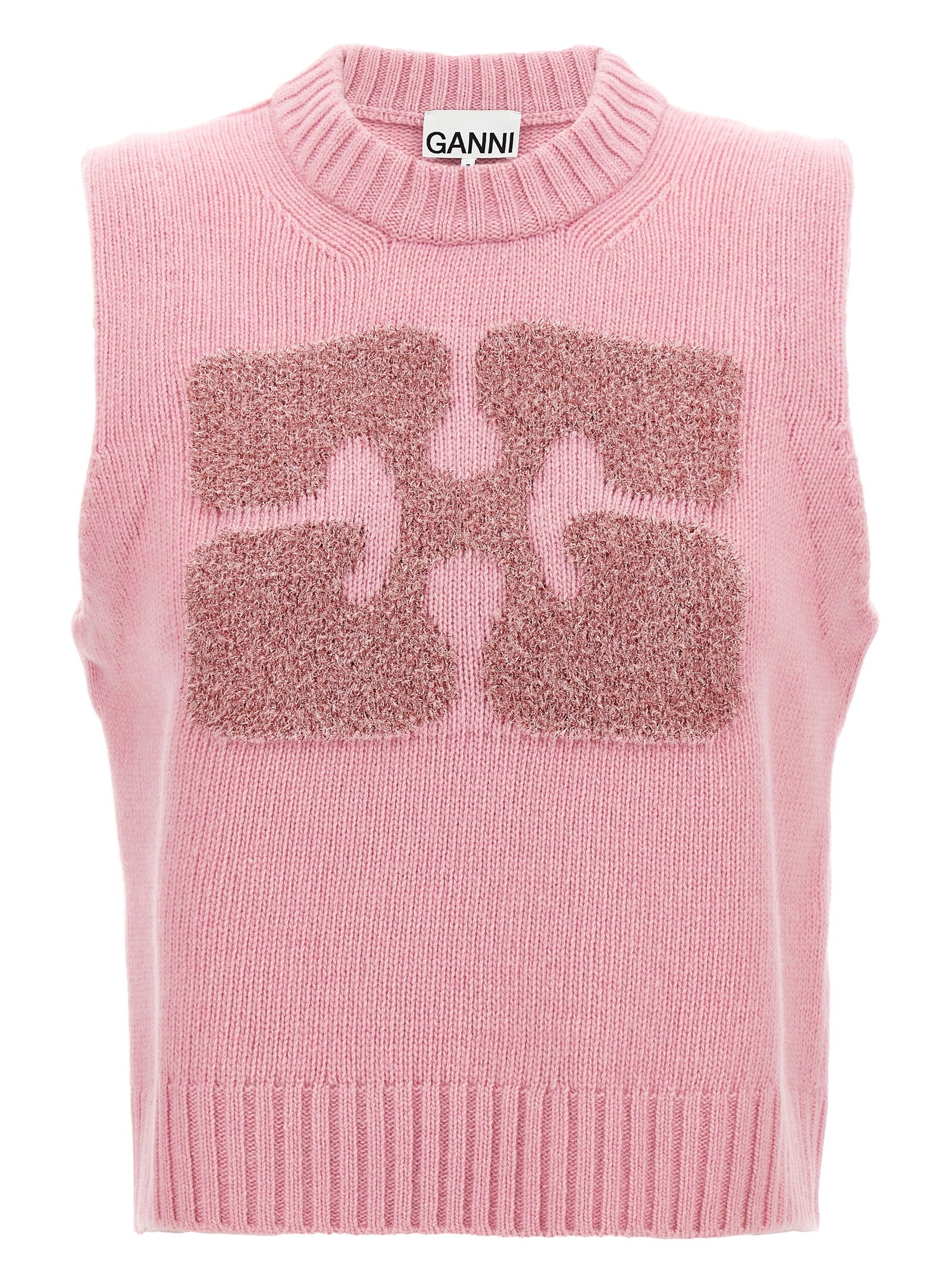 Ganni-Lurex Logo Vest Gilet Rosa-Donna