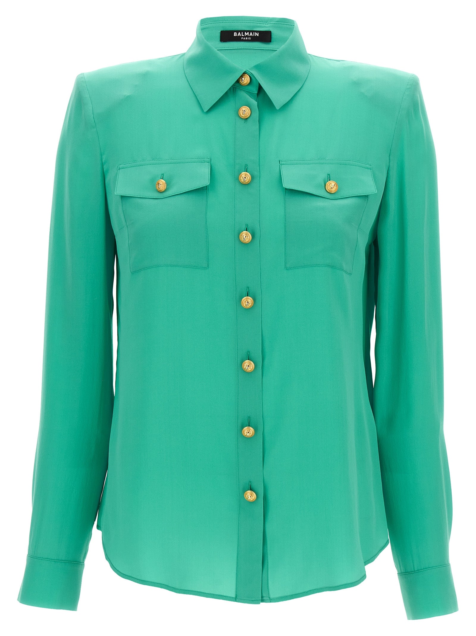 Balmain-Logo Button Shirt Camicie Celeste-Donna