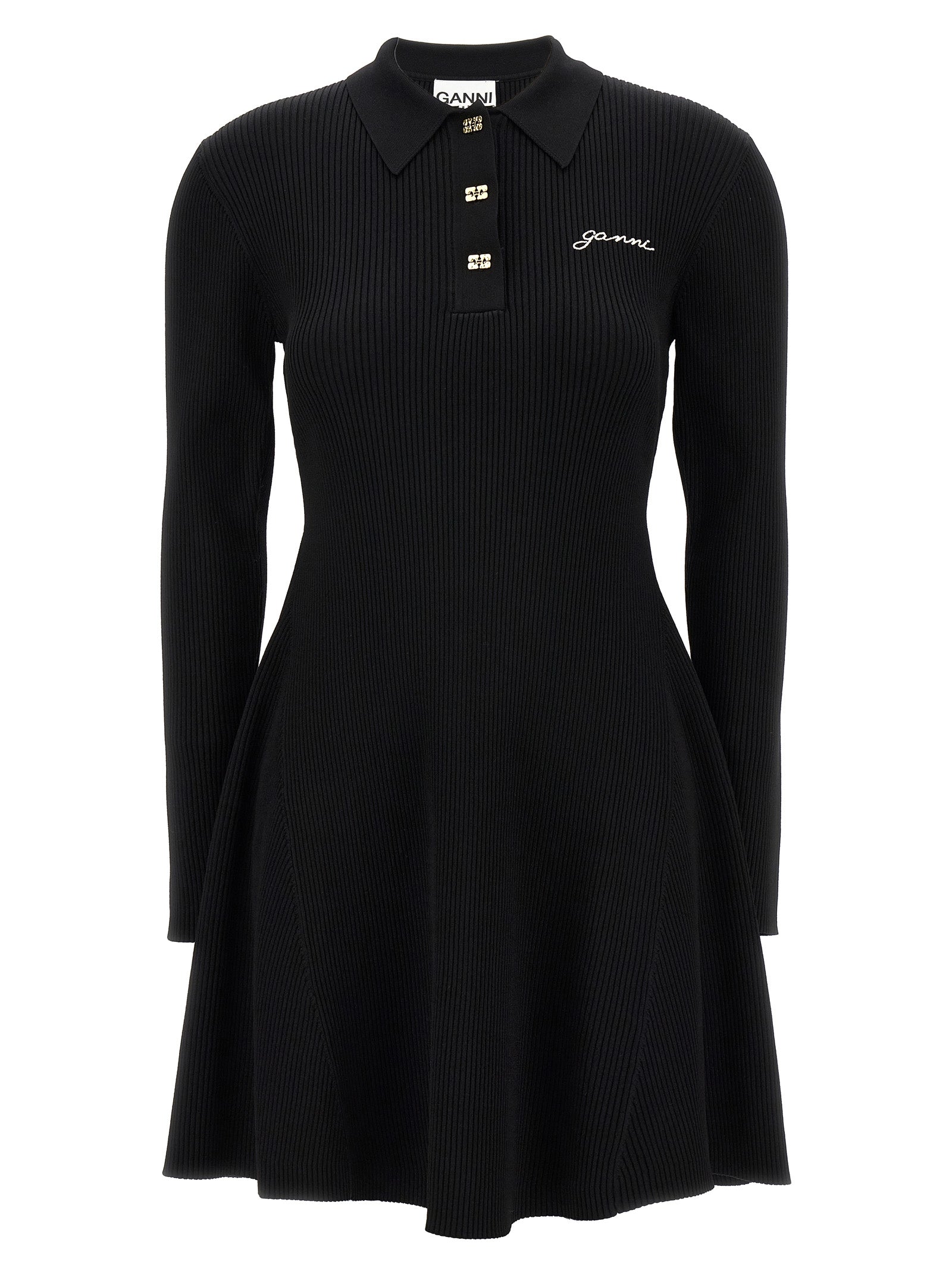 Ganni-Logo Embroidery Ribbed Dress Abiti Nero-Donna