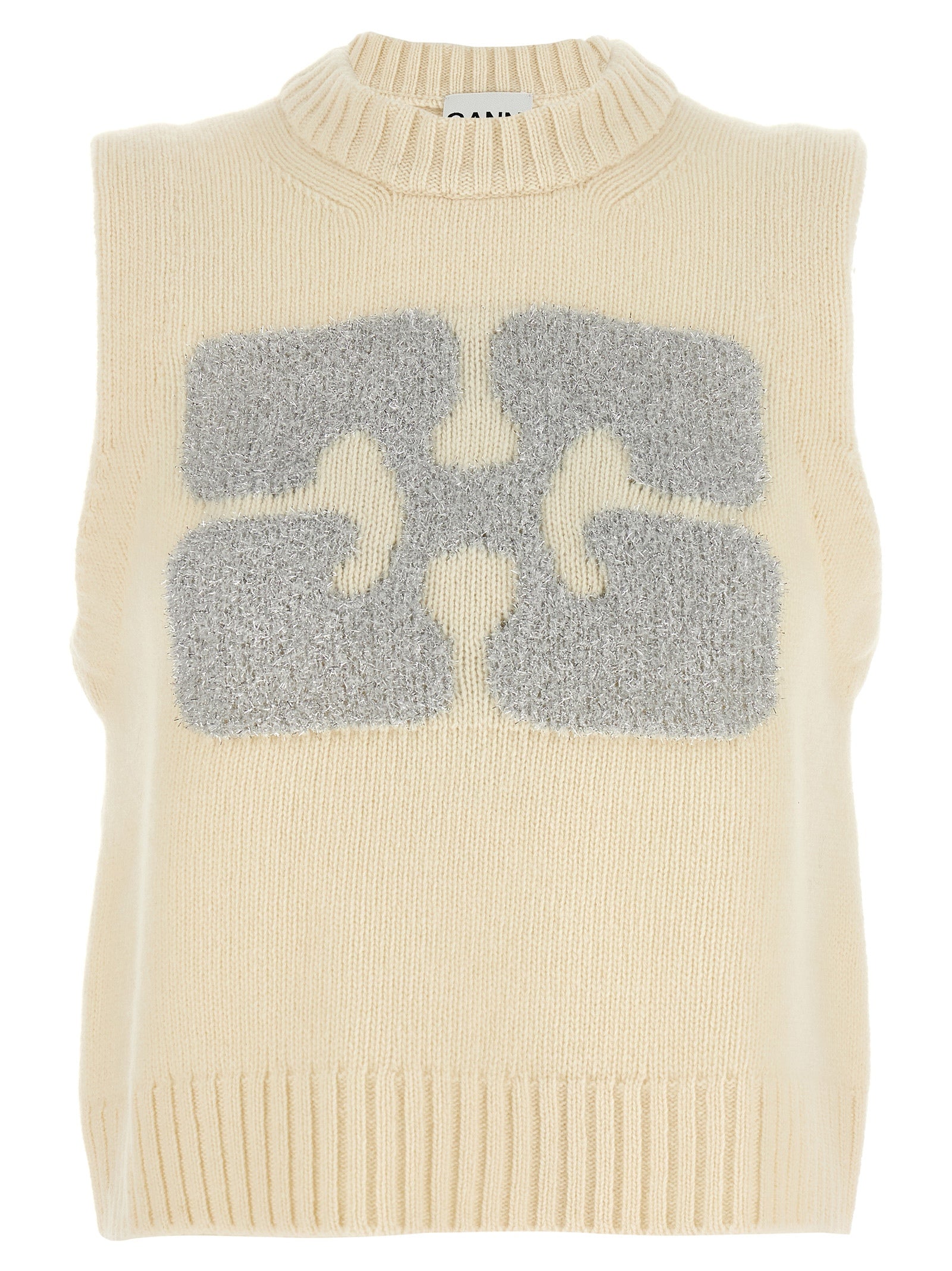 Ganni-Lurex Logo Vest Gilet Bianco-Donna