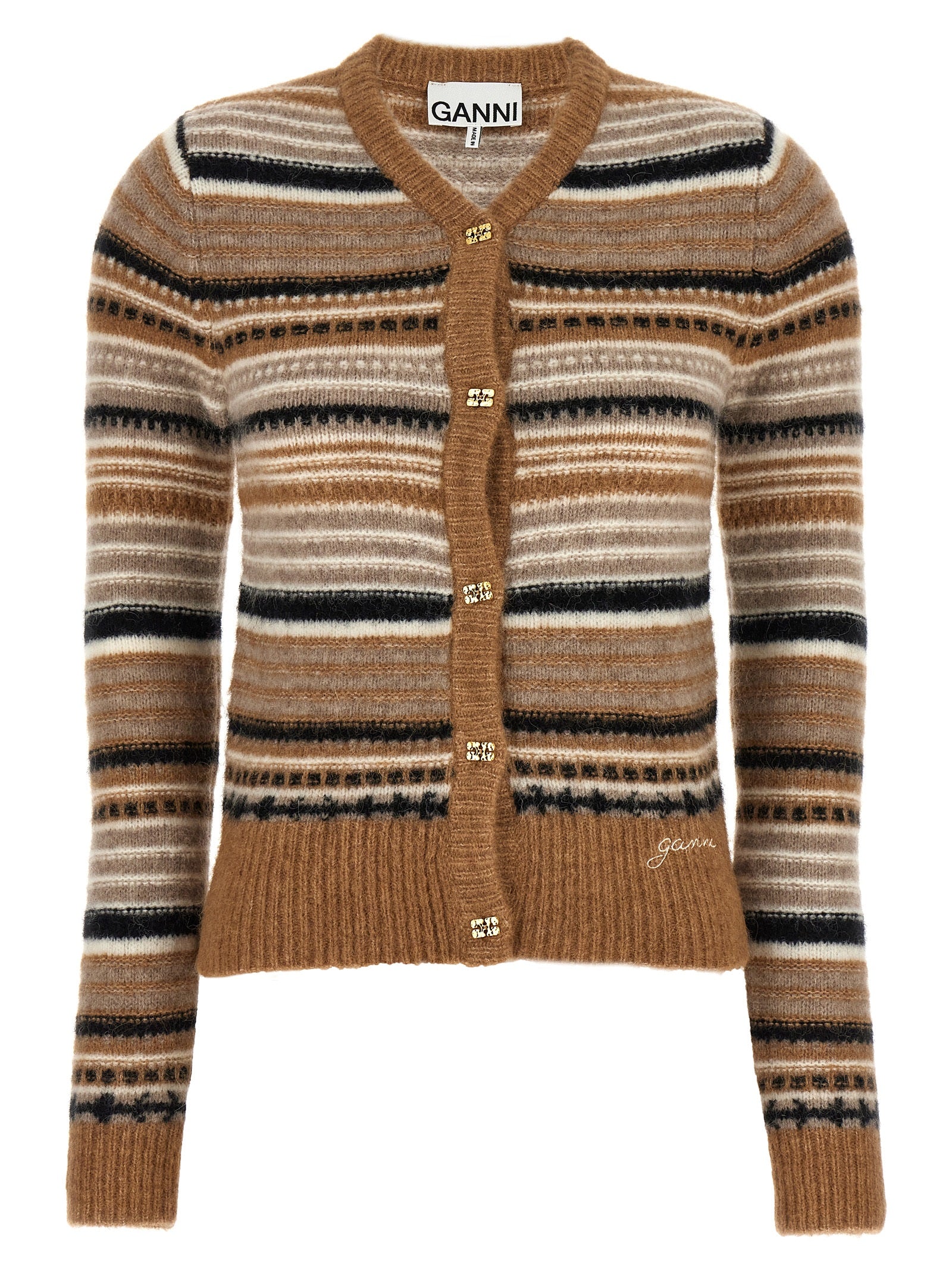 Ganni-Striped Cardigan Maglioni Beige-Donna