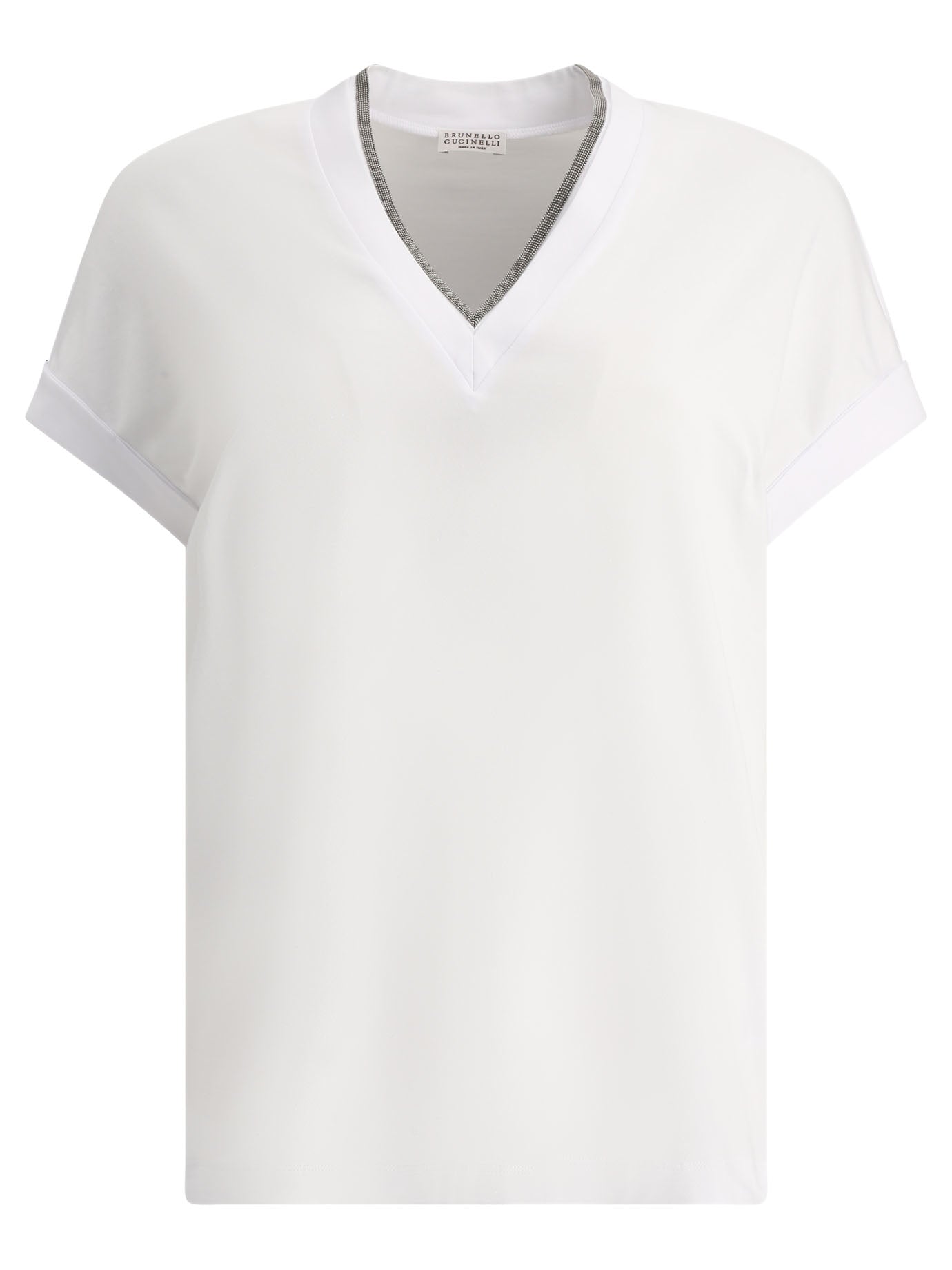 Brunello Cucinelli-Precious Neckline T-Shirts Bianco-Donna