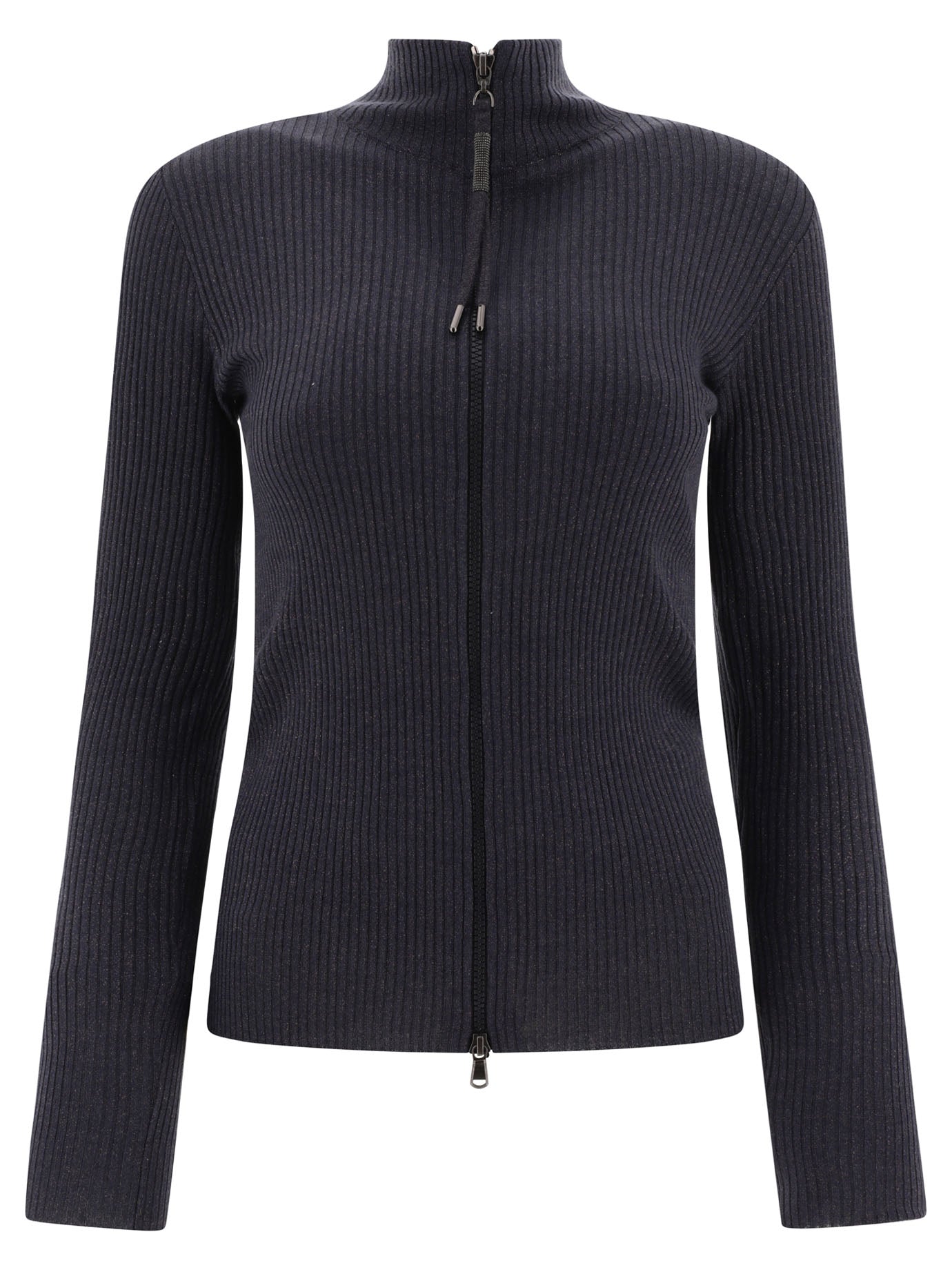 Brunello Cucinelli-Cardigan With Lamé Details Knitwear Blu-Donna