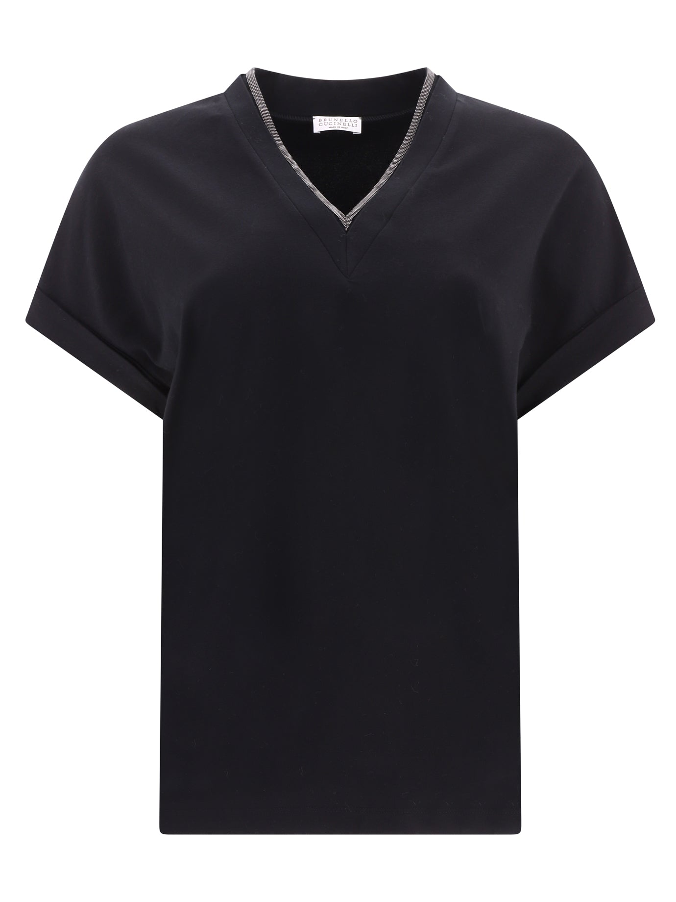 Brunello Cucinelli-Precious Neckline T-Shirts Nero-Donna