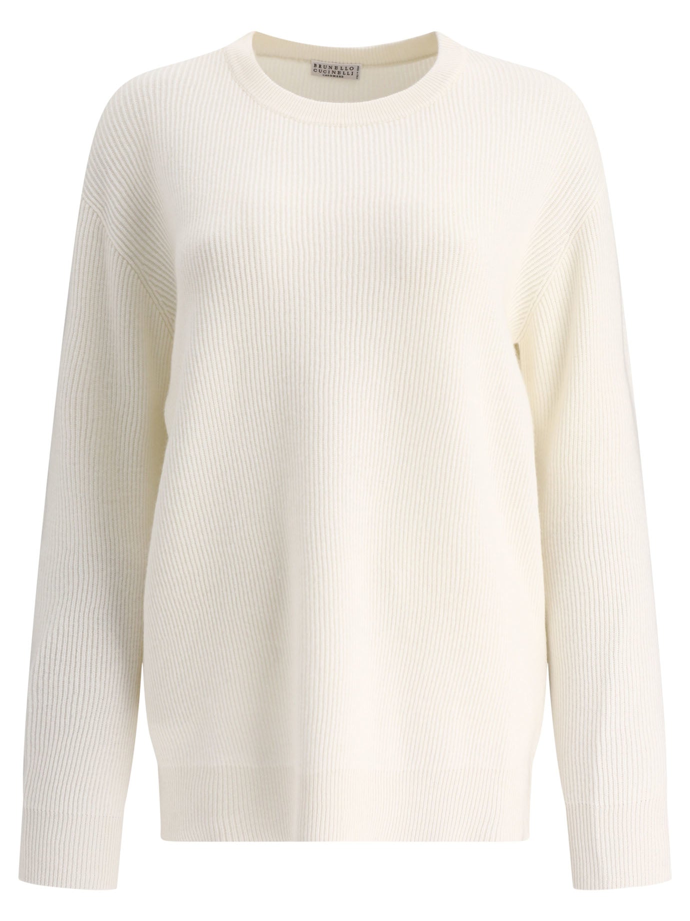 Brunello Cucinelli-Cashmere English Rib Sweater With Monili Knitwear Bianco-Donna