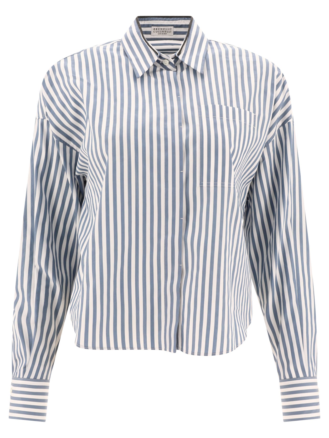 Brunello Cucinelli-Striped Shirt With Shiny Collar Shirts Blu-Donna