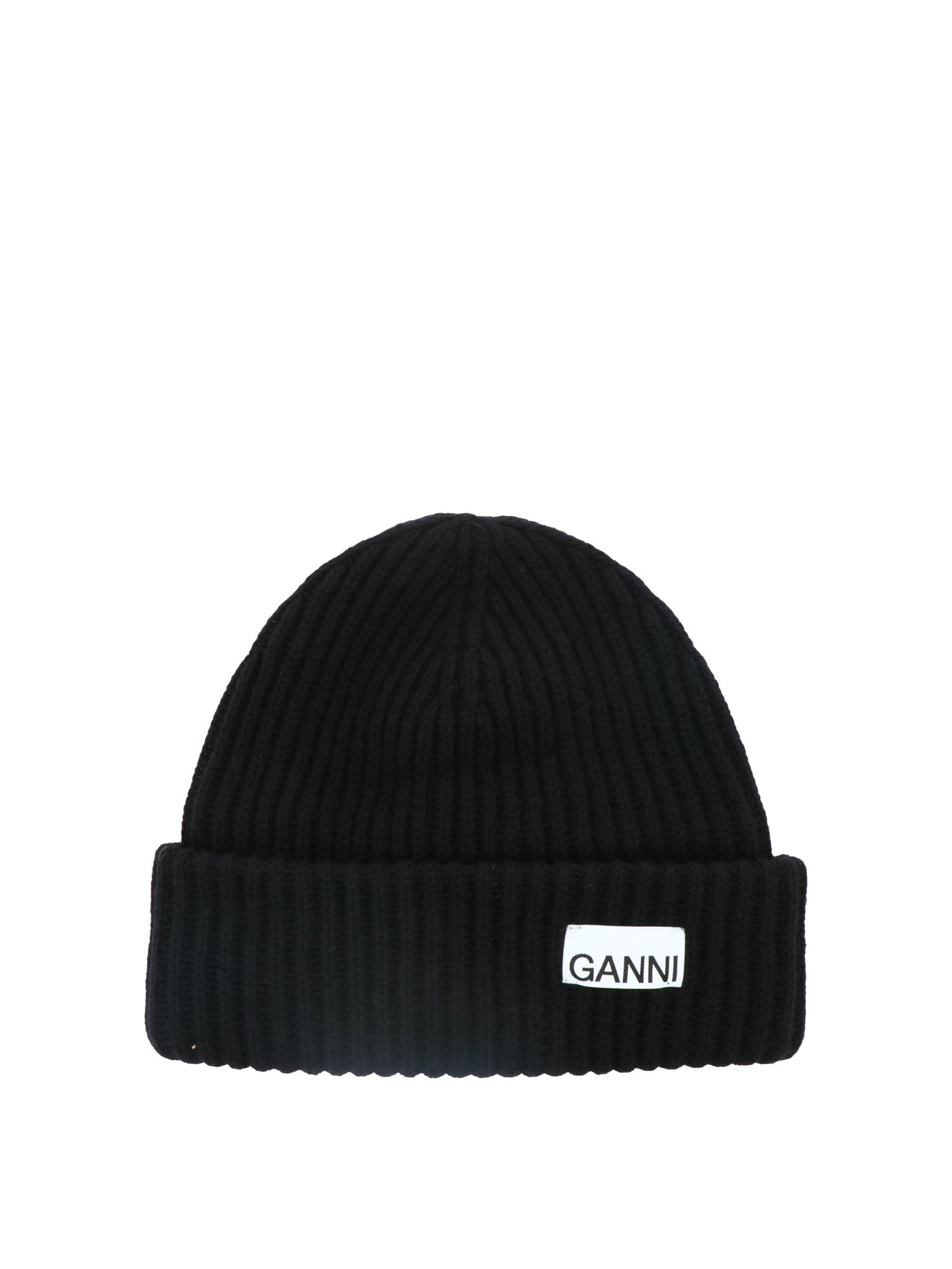 Ganni-Ribbed Beanie With Patch Cappelli Nero-Donna