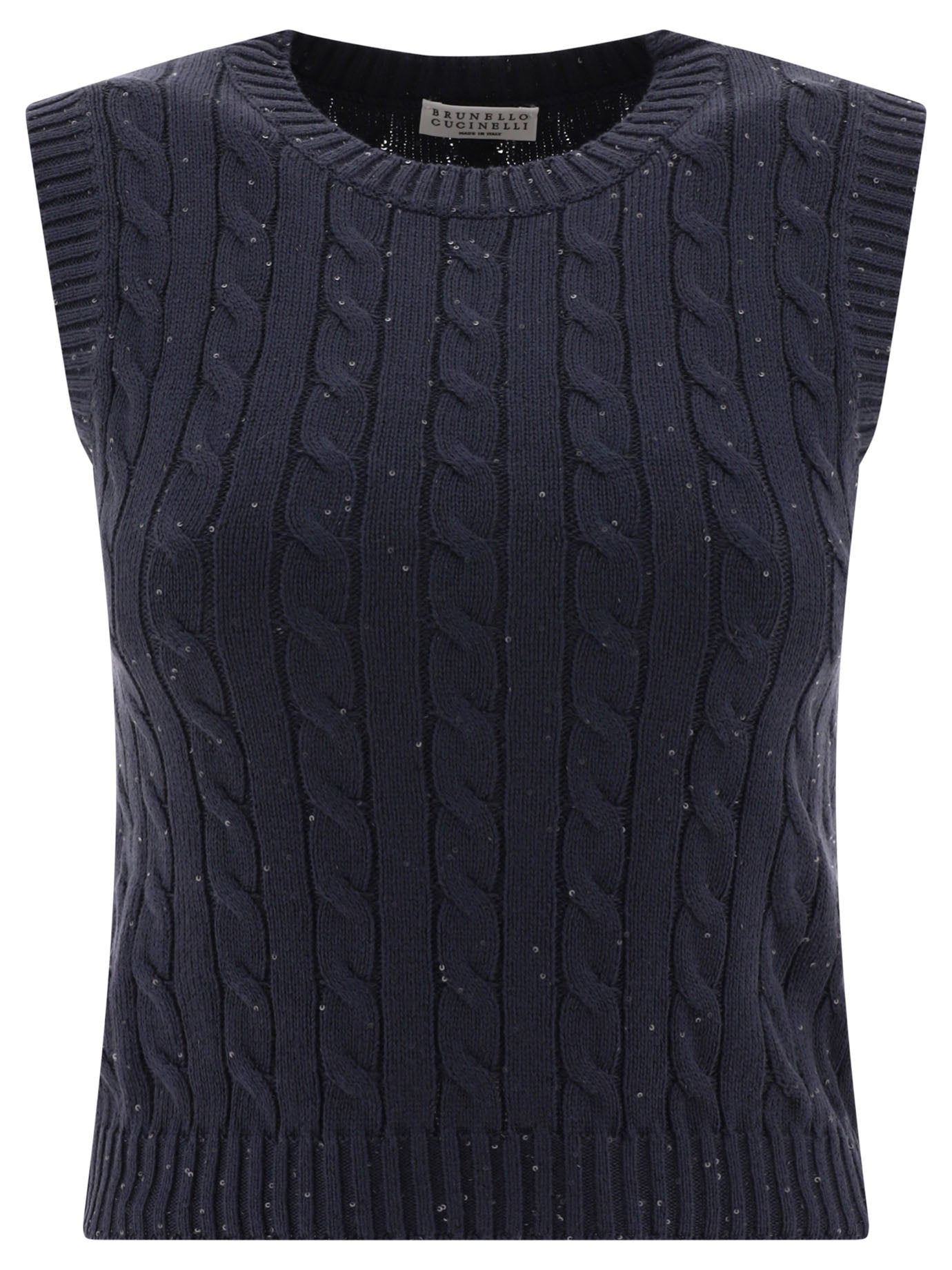 Brunello Cucinelli-Dazzling Cables Knit Top Top Blu-Donna