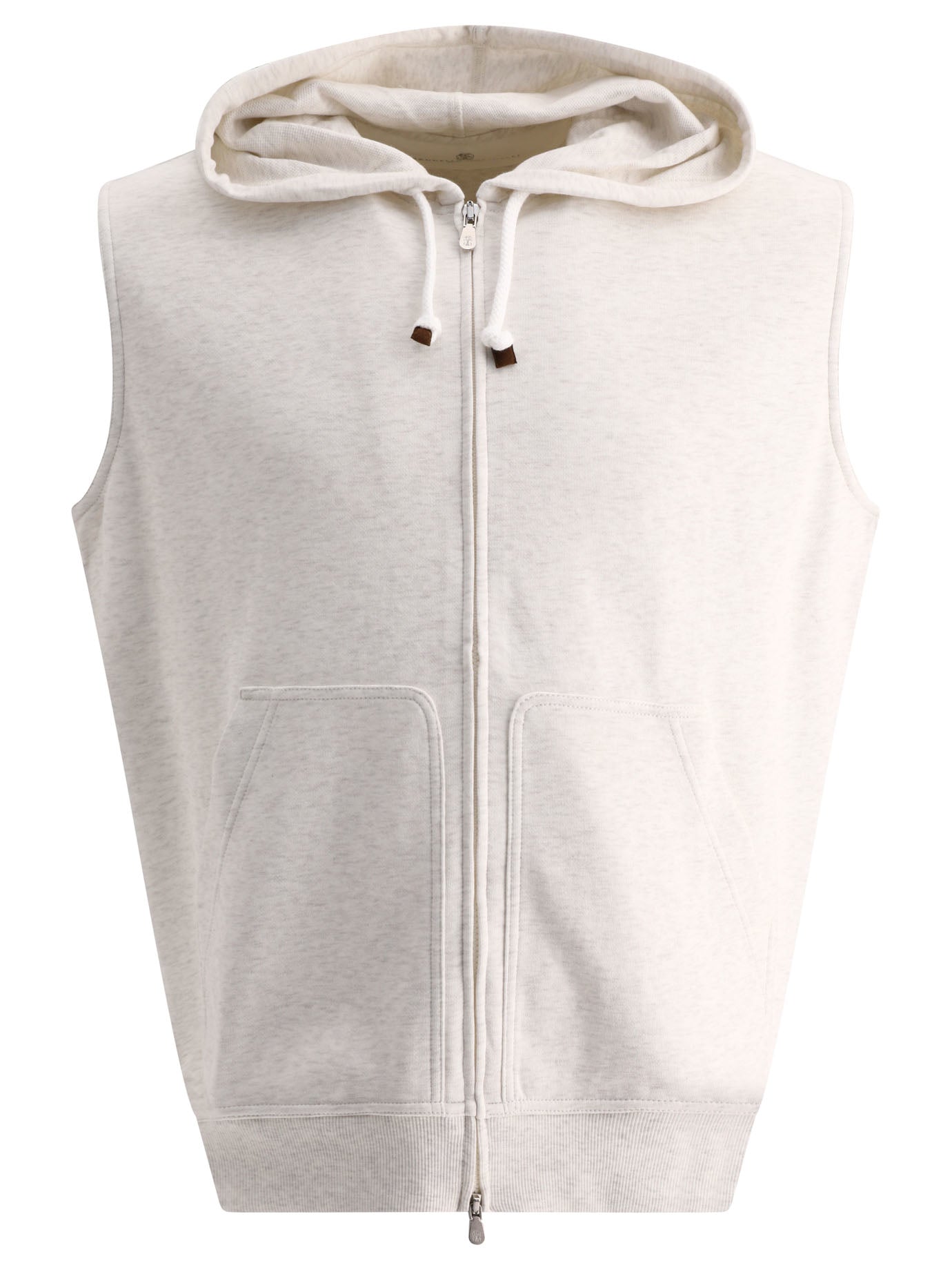 Brunello Cucinelli-Techno Cotton Sleeveless Sweatshirt With Zipper And Hood Sweatshirts Beige-Uomo