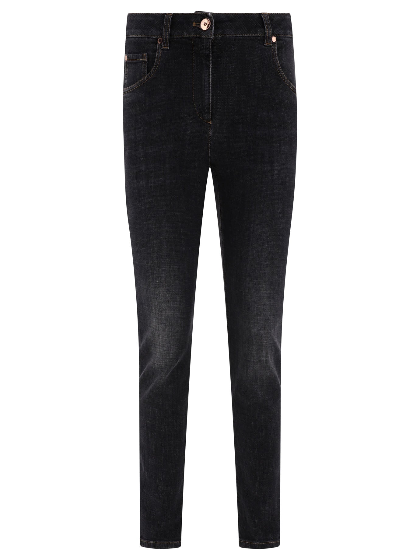 Brunello Cucinelli-With Shiny Leather Tab Jeans Nero-Donna