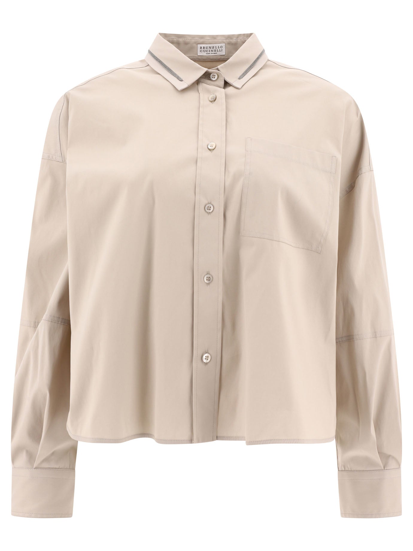 Brunello Cucinelli-Poplin Shirt With Shiny Collar Trim Shirts Beige-Donna