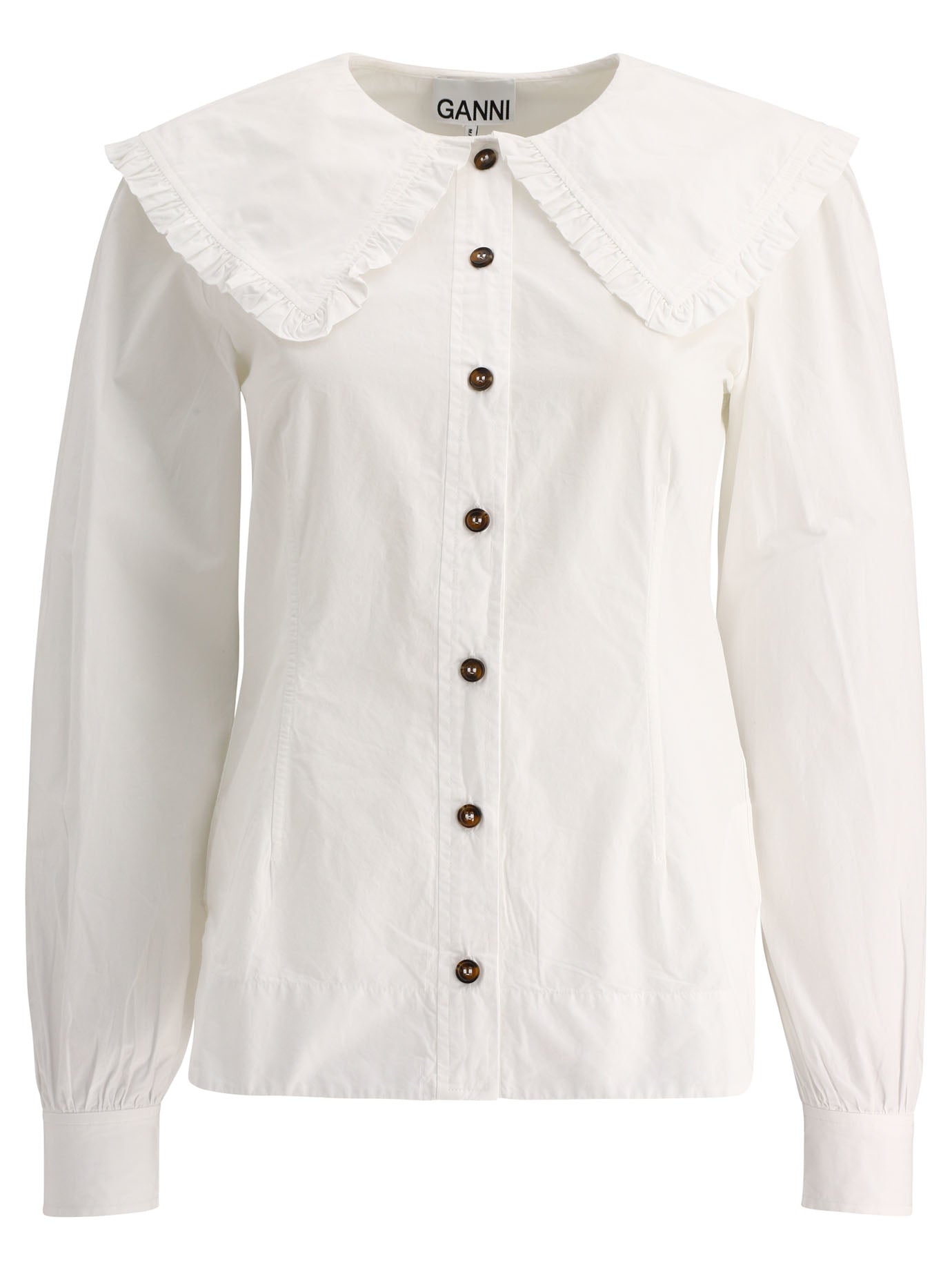 Ganni-Ruffled Poplin Shirt Shirts Bianco-Donna