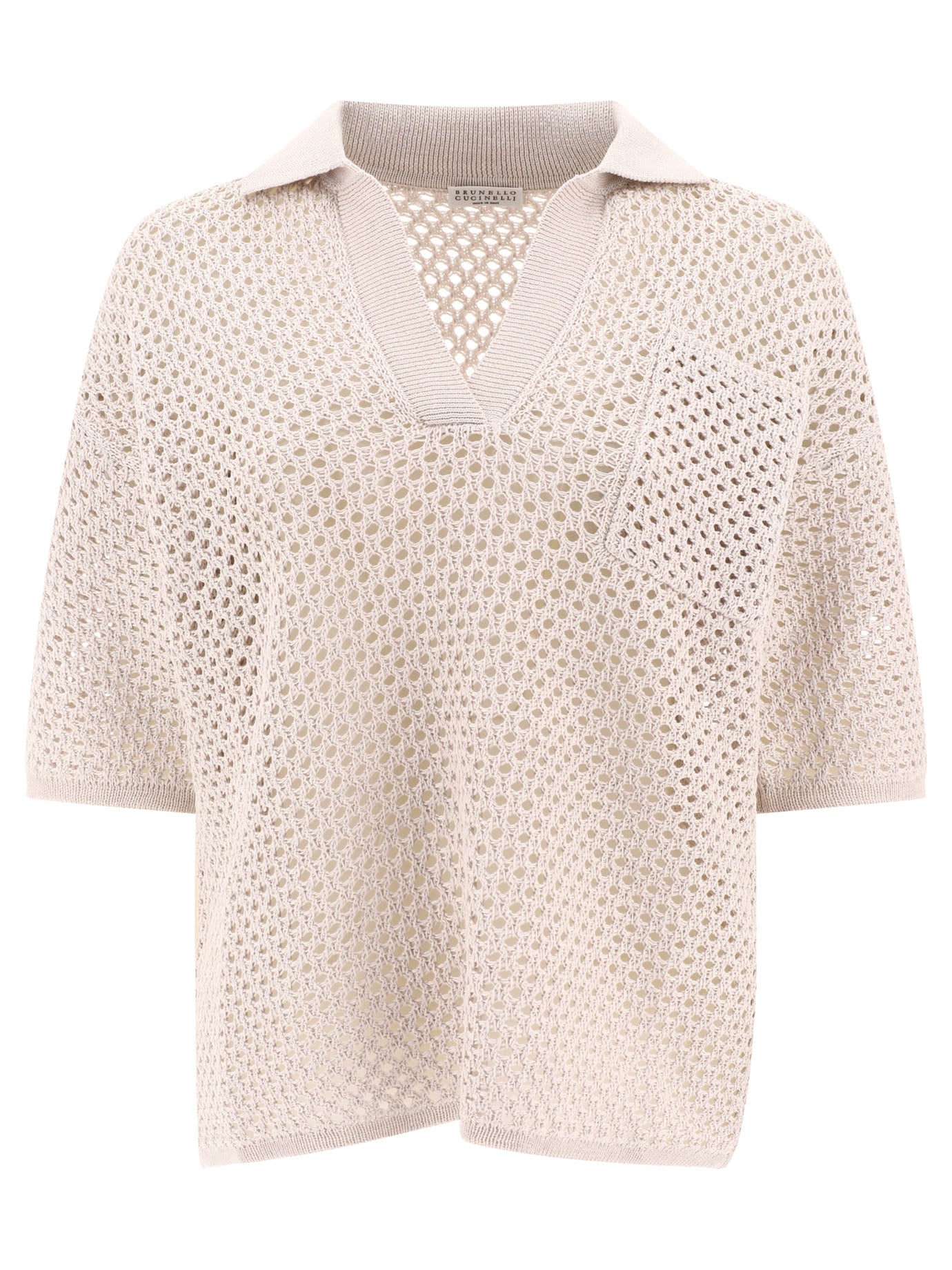 Brunello Cucinelli-Open-Knit Polo Shirt Polo Shirts Beige-Donna